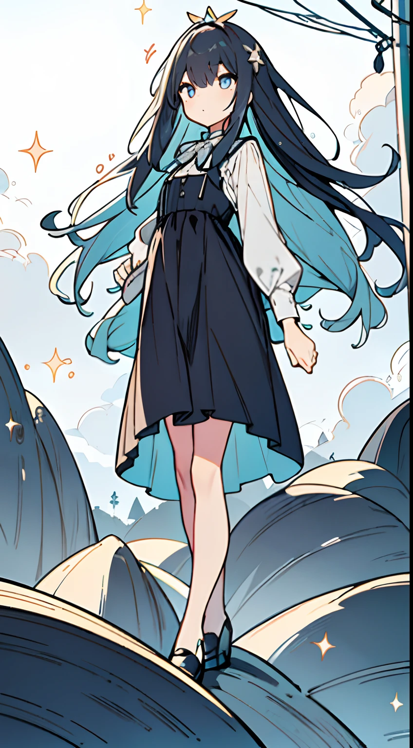 masuter piece, Best Quality,32K、Wallpaper, ultra -detail, Absurd beauty, 1Beautifulwoman、Big eyes with sparkly、Hair fluttering in the wind、:O、Slender long legs、Smaller head、miscievous smile、Angle looking up from below:1.3、Angle from which you can see the whole body