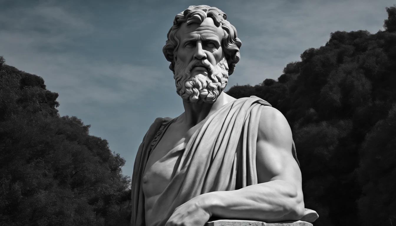 a portrait statue of the stoic Seneca in black and white, brawny, 4K,side face, Super Realistic Wallpaper