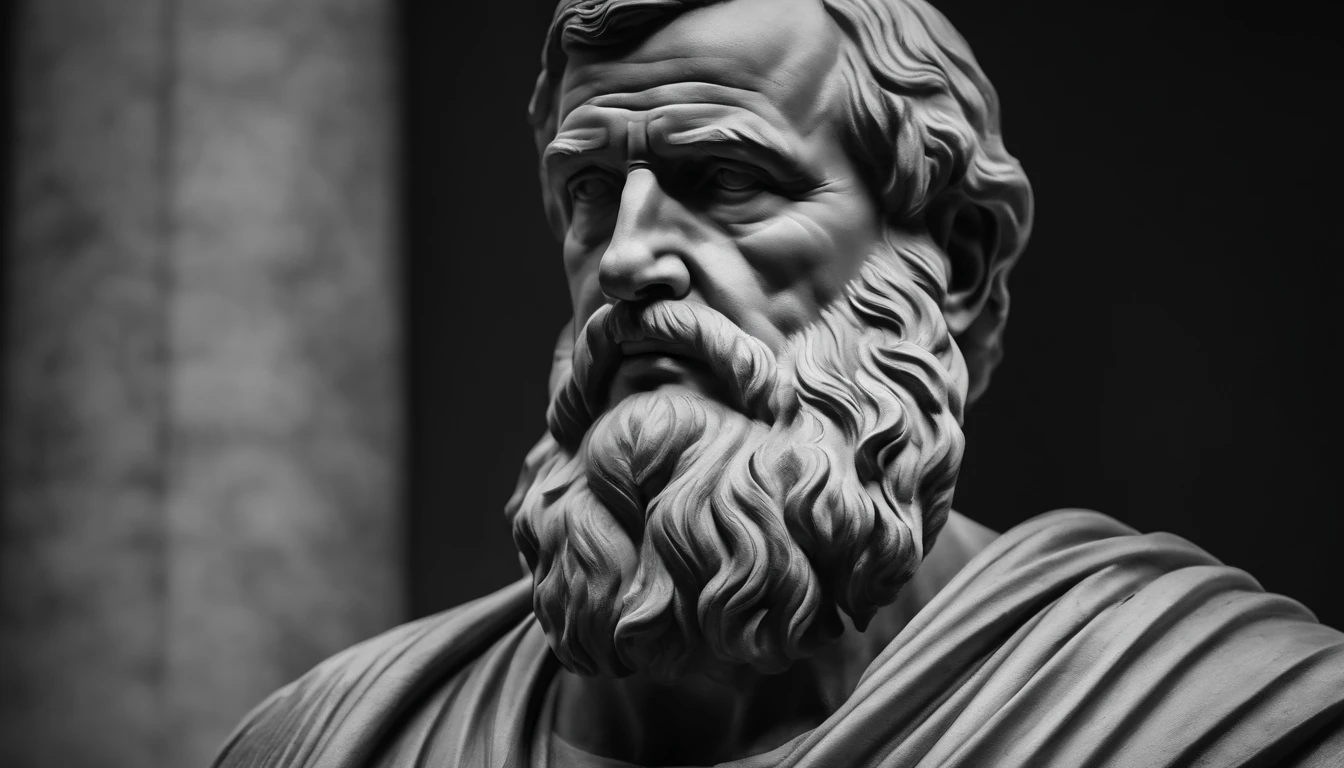 a portrait statue of the stoic Seneca in black and white, brawny, 4K,side face, Super Realistic Wallpaper