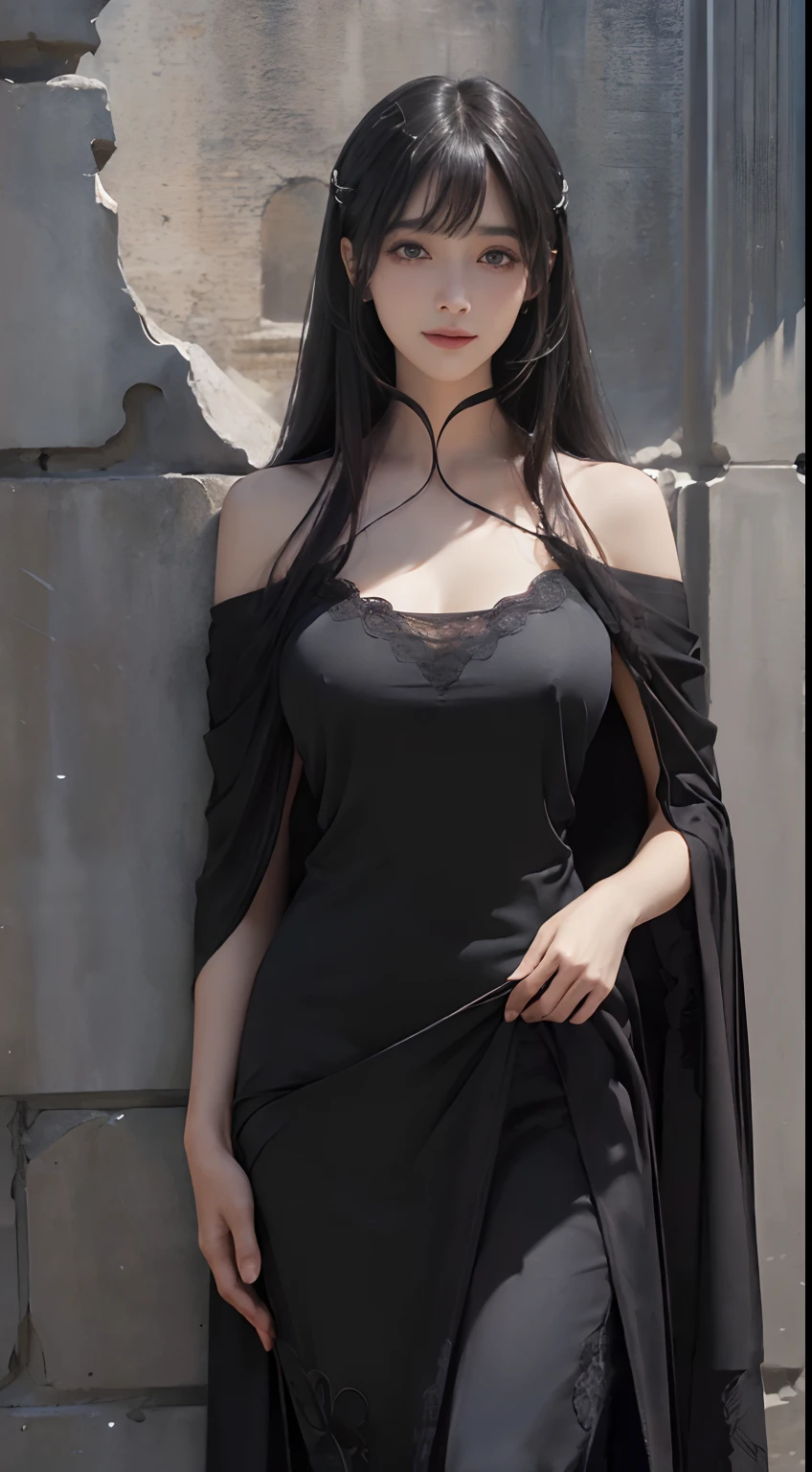 (ultra-realistic realism)、(illustratio)、(A high resolution)、(8K)、(The is very detailed)、(Best Illustration)、(Beautifully detailed eyes)、(top-quality)、(ultra - detailed)、(tmasterpiece)、(the wallpaper）、（A detailed face）、独奏、1 girl in、looking at viewert、finedetail、A detailed face、in the darkness nigth、deep shading、low tune、pureerosfaceace_V1、A smile、Long、Black shawl straight hair、46-point diagonal bangs,　（Silk dress、long  skirt）(cropped shoulders）The view of the castle、、Stand against the wall