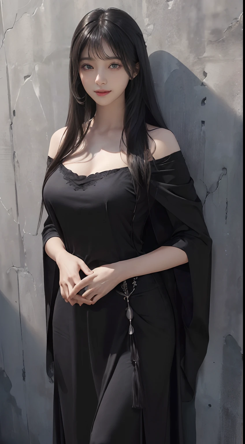 A close up of a woman in a black dress standing near a wall - SeaArt AI