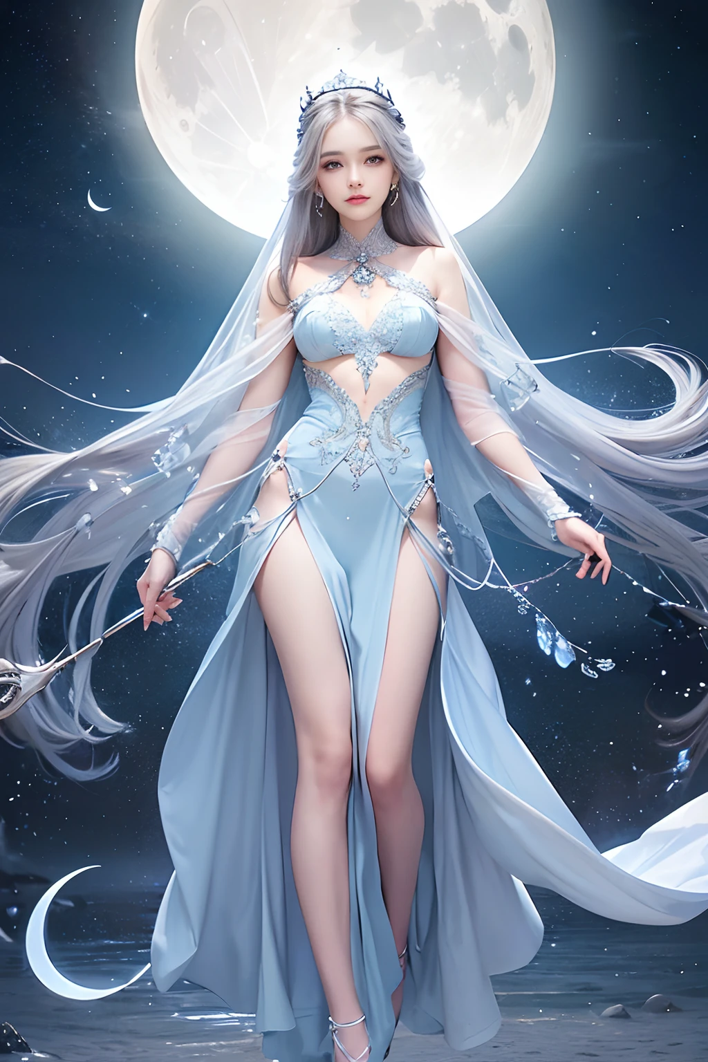 "(Dreamy quality: 1.5), (Soft pastel colors: 1.4), (Elegant full-body portrait), Moon Goddess, (Gentle gaze), (Flowing hair: 1.2 reflecting moonlight), (Delicate facial features), (Regal attire adorned with moonstones, intricate silver embroidery: 1.3, and glowing crystals scattered gracefully), Walking gracefully on a dreamy moonlit path, with a massive waning moon as the singular backdrop, (Soft and gentle aura: 1.5 enveloped by moonbeams), (Timeless beauty), (Ethereal ambiance with subtle moon glow), Moonlit magic, casting lunar spells, (Glowing crescent staff: 1.2 in her hand), (Harmonious silver-blue color palette with shimmering highlights), (Serene expression), (Moonlit crystalline theme: 1.1 with floating celestial patterns), (Sublime elegance)."