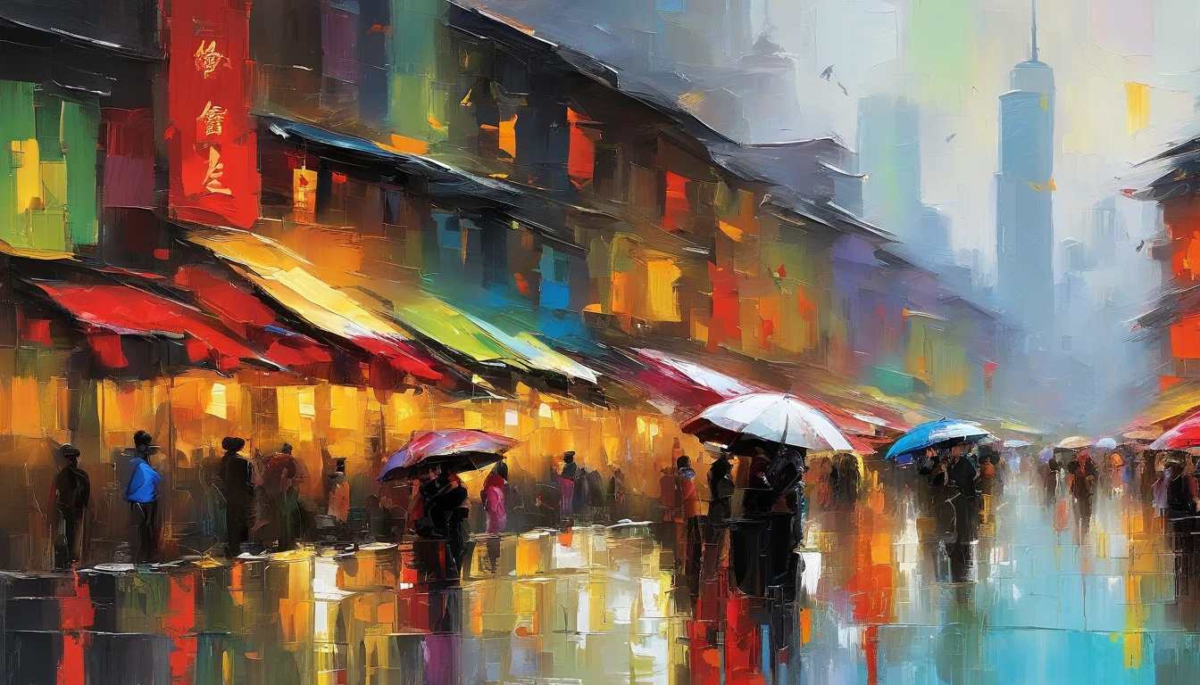 Daytime from Beijing Guomao, rainy season,In the distance is the skyline of the city buildings，There are rivers running through， Large colored umbrella, People are buying and selling, Masterpiece oil painting, Drawing by Mark Lague.