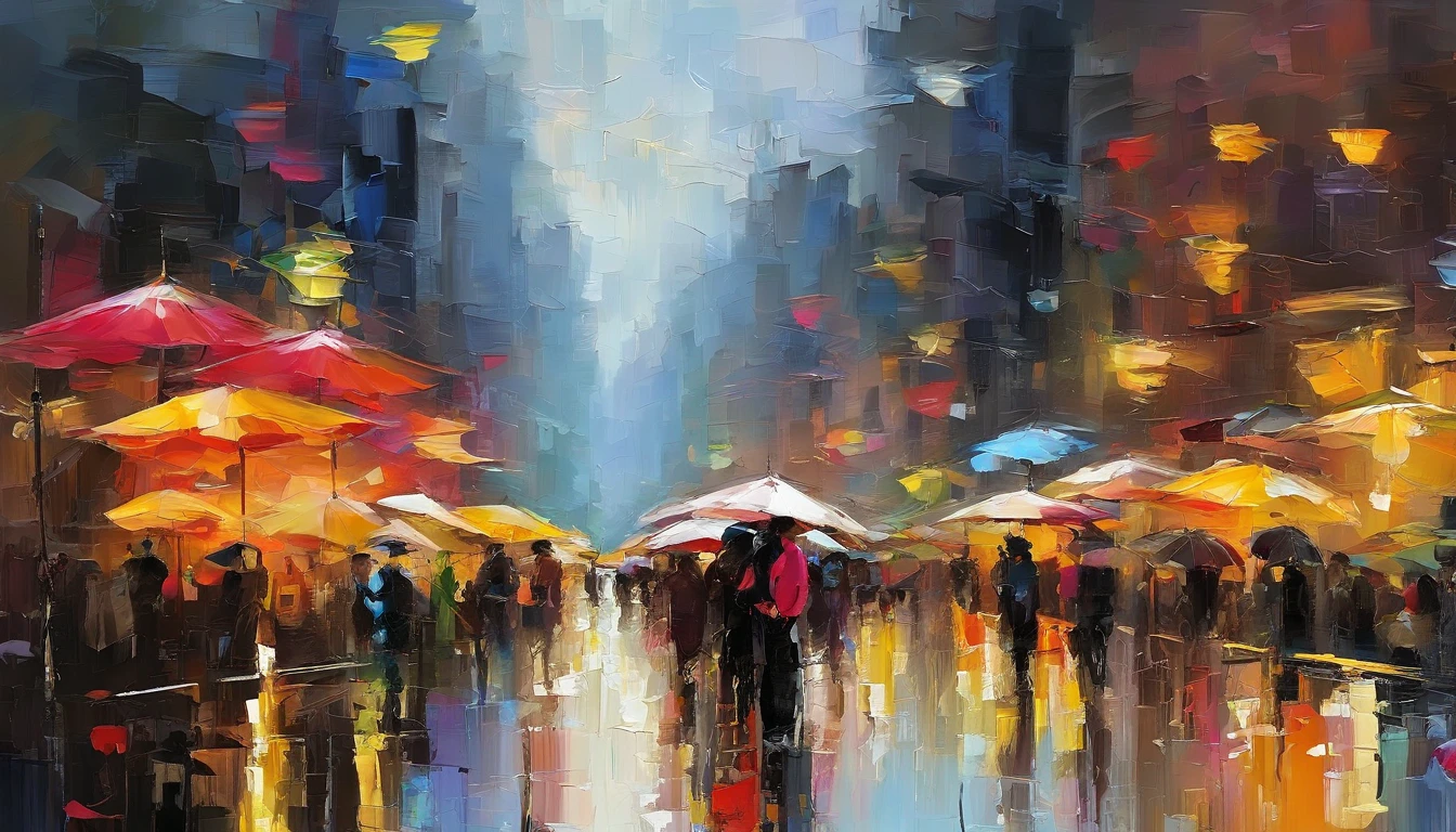 Daytime from Beijing Guomao, rainy season,In the distance is the skyline of the city buildings,There are rivers running through, Large colored umbrella, People are buying and selling, Masterpiece oil painting, Drawing by Mark Lague.