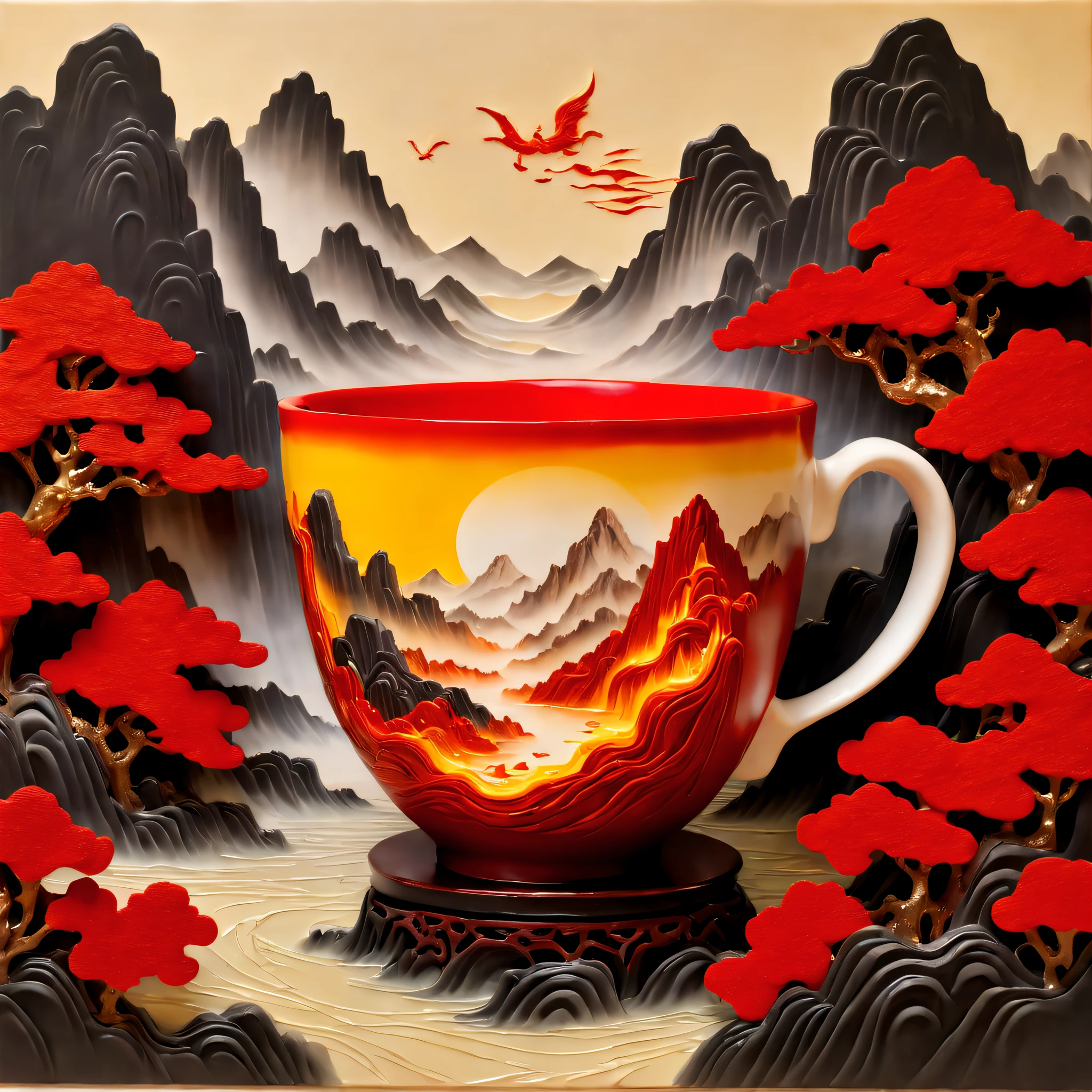 (Masterpiece, High quality, Best quality, offcial art, Beauty and aesthetics: 1.2), A milk tea cup with, (The volcano erupts with red magma flowing),Surrounded by yellow rocks, Splash spray, (Chinese landscape paper carving, Chinese landscape painting of the Song Dynasty: 1.2), (Surrealist dream style), Light tracing, Environmental shielding, Hazy, Natural light, limestone, Gel resin sheet, oc rendered,