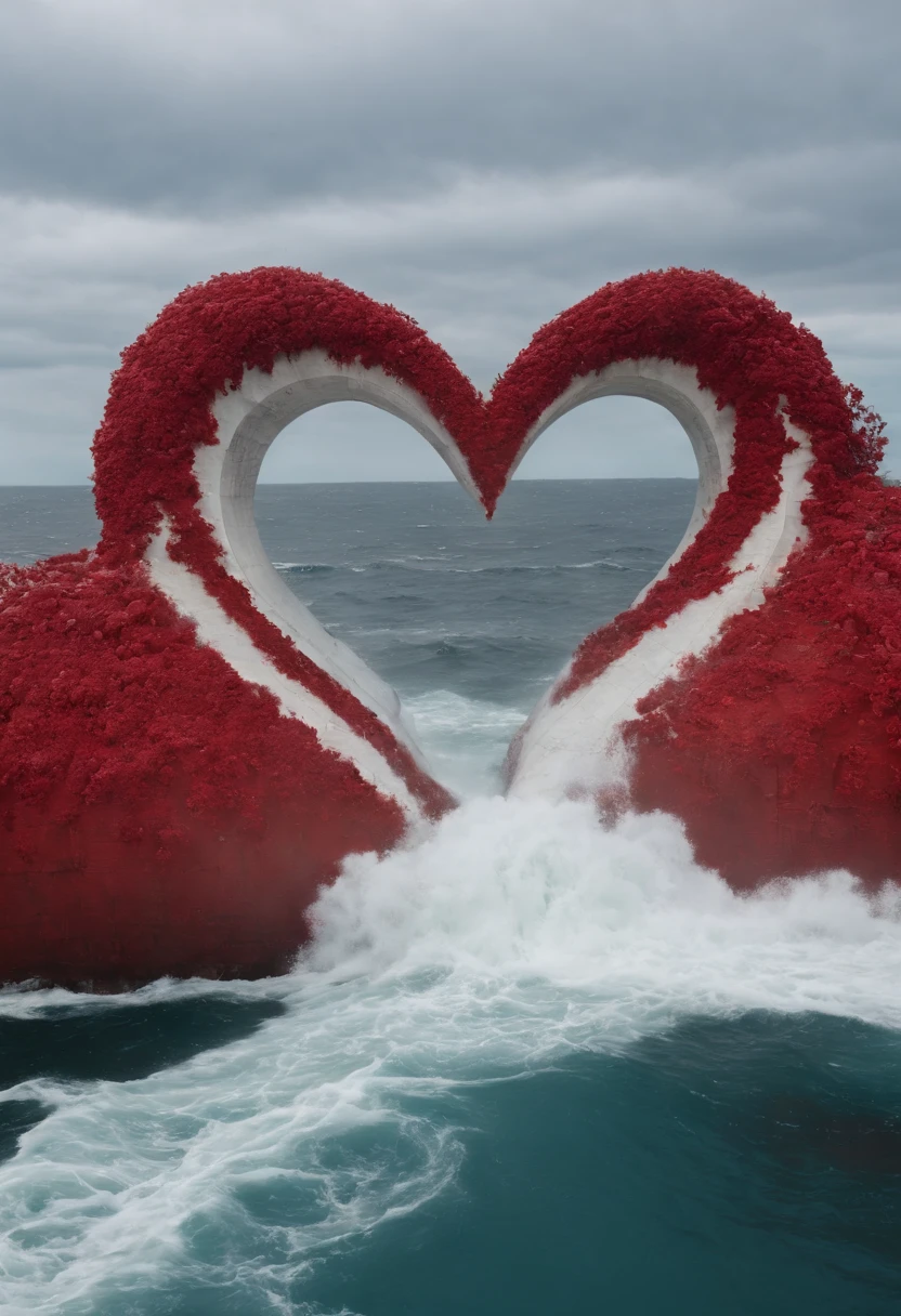 imagem em alta qualidade, A sea of red in the immensity, An image in the immensity in form of a heart in the center, On the right a boat guided by a poet, mar de sangue, poeta sobre a maresia de um mar de sangue, mar grande, poeta escrevendo, homem escrevendo, home no barco escrevendo, mar, Heart, heart shape, mar vermelho, mar de sangue, agua vermelha