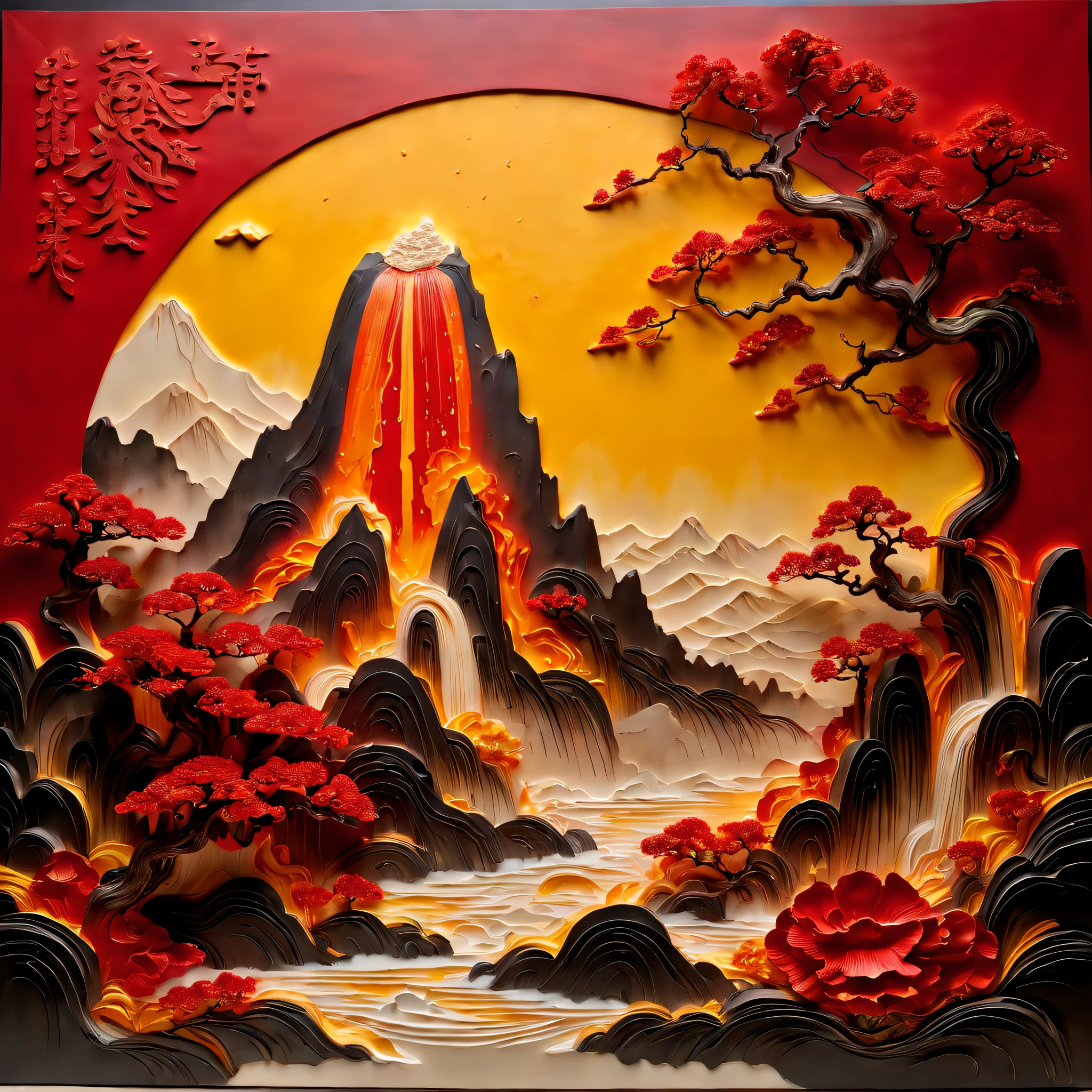 (Masterpiece, High quality, Best quality, offcial art, Beauty and aesthetics: 1.2), plate, (The volcano erupts with red magma flowing),Surrounded by yellow rocks, Splash spray, (Chinese landscape paper carving, Chinese landscape painting of the Song Dynasty: 1.2), (Surrealist dream style), Light tracing, Environmental shielding, Hazy, Natural light, limestone, Gel resin sheet, oc rendered,