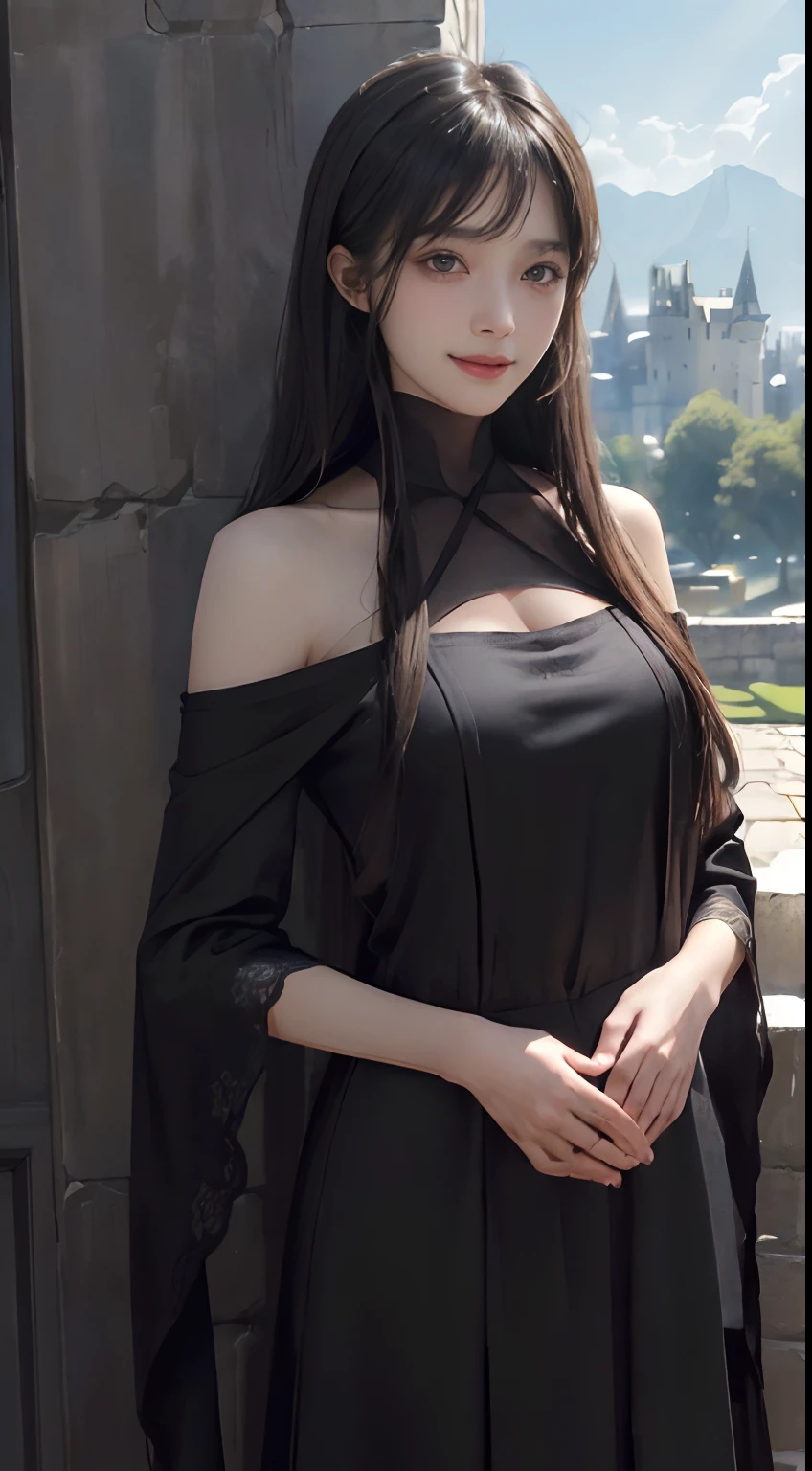 (ultra-realistic realism)、(illustratio)、(A high resolution)、(8K)、(The is very detailed)、(Best Illustration)、(Beautifully detailed eyes)、(top-quality)、(ultra - detailed)、(tmasterpiece)、(the wallpaper)、(A detailed face)、独奏、1 girl in、looking at viewert、finedetail、A detailed face、in the darkness nigth、deep shading、low tune、pureerosfaceace_V1、A smile、Long、Black shawl straight hair、46-point diagonal bangs, (Silk dress、long skirt)(cropped shoulders)The view of the castle、、Stand against the wall
