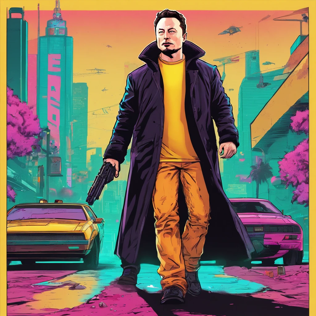elon musk with doge walk in cyberpunk 2077 city, on the left siede stand wietnam 60 years old in long black coat