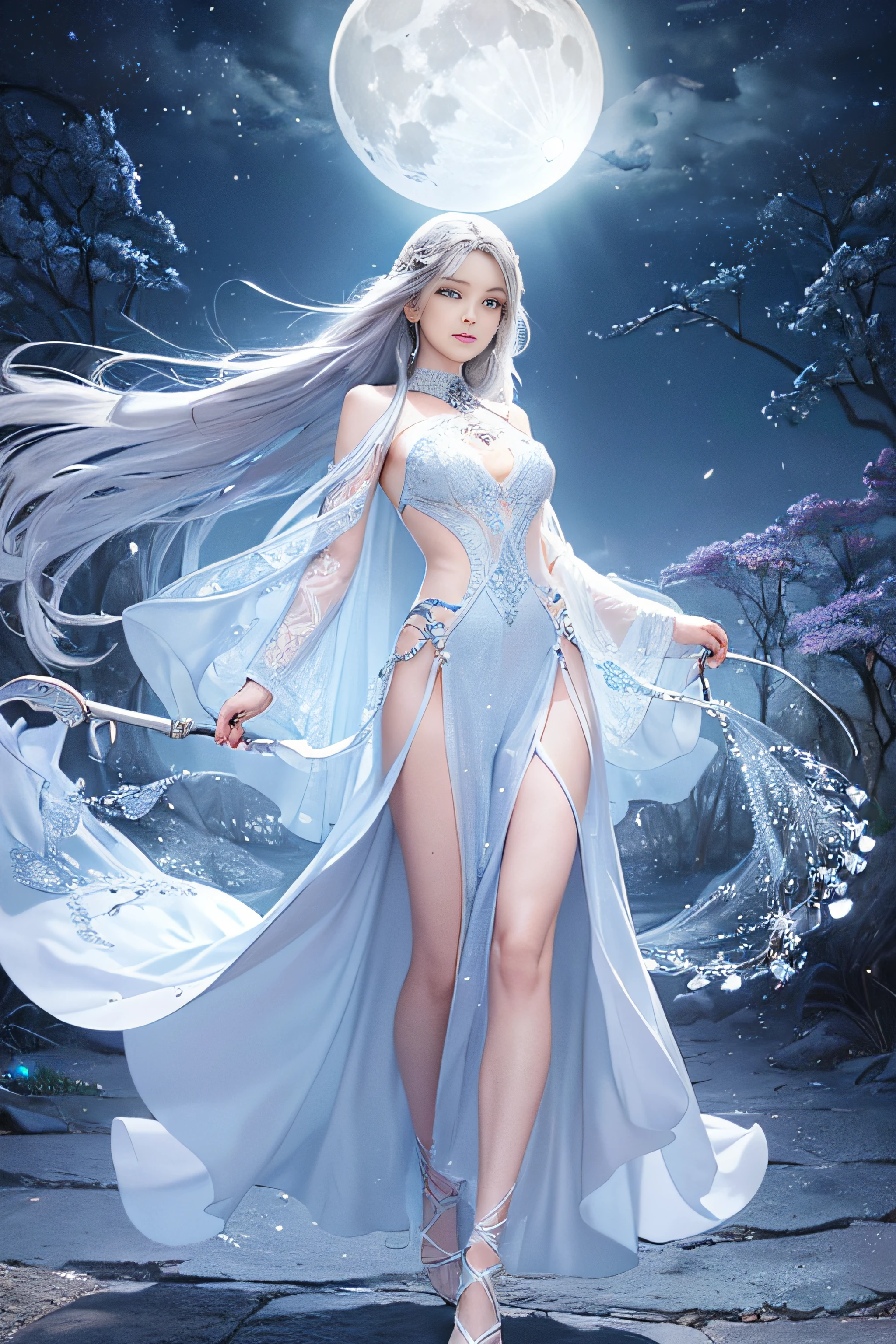 "(Dreamy quality: 1.5), (Soft pastel colors: 1.4), (Elegant full-body portrait), Moon Goddess, (Gentle gaze), (Flowing hair: 1.2 reflecting moonlight), (Delicate facial features), (Regal attire adorned with moonstones, intricate silver embroidery: 1.3, and glowing crystals scattered gracefully), Walking gracefully on an ethereal path made of shimmering moonlight beams, with a massive waning moon as the singular backdrop, (Soft and gentle aura: 1.5 enveloped by moonbeams), (Timeless beauty), (Ethereal ambiance with subtle moon glow), Moonlit magic, casting lunar spells, (Glowing crescent staff: 1.2 in her hand), (Harmonious silver-blue color palette with shimmering highlights), (Serene expression), (Moonlit crystalline theme: 1.1 with floating celestial patterns), (Sublime elegance)."
