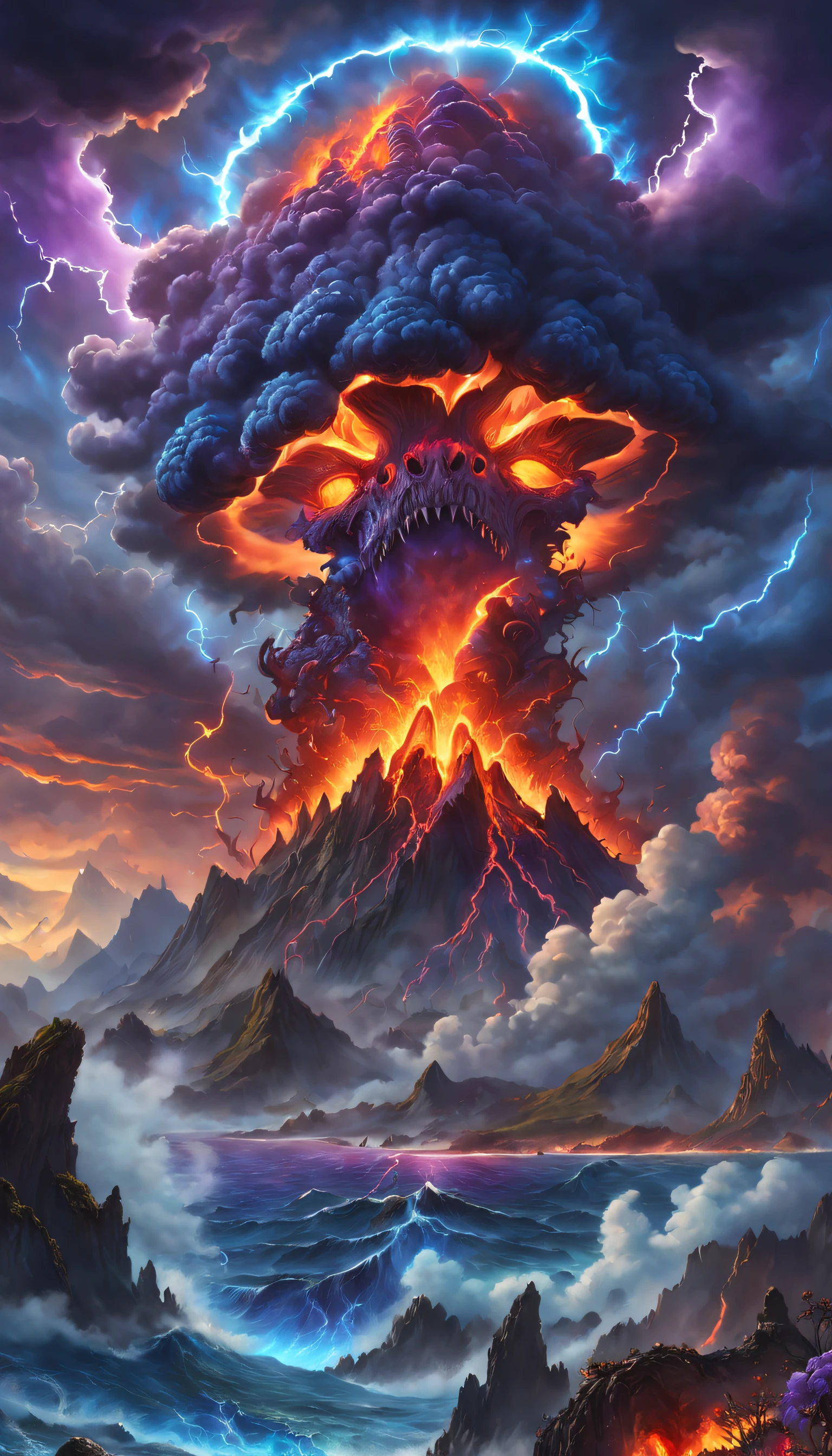 Doomsday landscape，a volcano erupts，fire glow，blasts，molten lava，A devil's face emerged from the smoke，a sea of fire，mushroom cloud，Paired with purple and blue, fantasy highly detailed, With gorgeous magic lightning rings, magia, beautiful detailed fantasy, hyper-high detail, , magic fantasy highly detailed, stuning fantasy 3 d render, Inspired by L. Highly detailed aesthetics, hyper-high detail