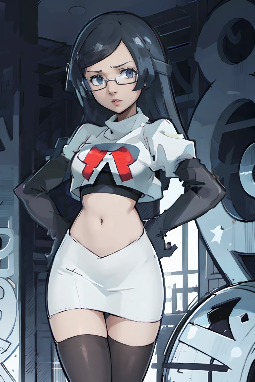 fennel_pk, glasses, team rocket,team rocket uniform, red letter R, white skirt,white crop top,black thigh-highs,black elbow gloves, sinister villianess look, hands on hips