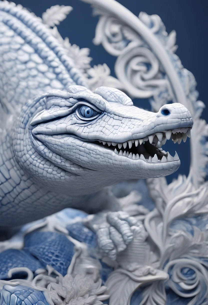 Blue and white porcelain,Ceramic material,alligators,Three-dimensional ornaments,artwork of a,High detail,3D,Chiaroscuro, Cinematic lighting, god light, Cinematic lighting, hyper HD, High details, Best quality, A high resolution, Textured skin