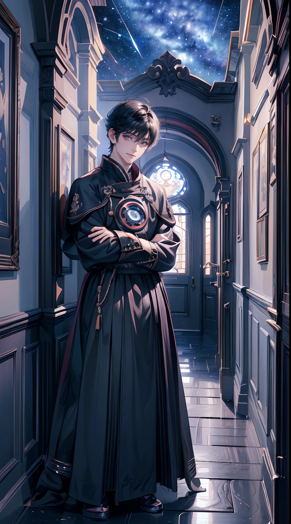 ((4K works))、​masterpiece、(top-quality)、One Beautiful Fallen Angel Boy、Slim body、tall、((Attractive British style))、(Detailed beautiful eyes)、((mid night))、In the English corridor、Castle inhabited by villains、Black shop window、Corridor at night、((You can see the starry sky from the window))、((dark sky))、((English corridors))、((Shot in a corridor in England))、mid night、((Short-haired black hair))、((Smaller face))、((Wild face))、((White eyes))、((American adult male))、((Adult male 26 years old))、((Cool Men))、((Like a celebrity))、((Smiling expression))、((Korean Makeup))、((elongated and sharp eyes))、((Happy dating))、((boyish))、((Upper body photography))、Professional Photos、((Shot alone))、((Shot from diagonally in front))、((Shot in close proximity to him))、((Focus zoom in))、((He is standing in the hallway))