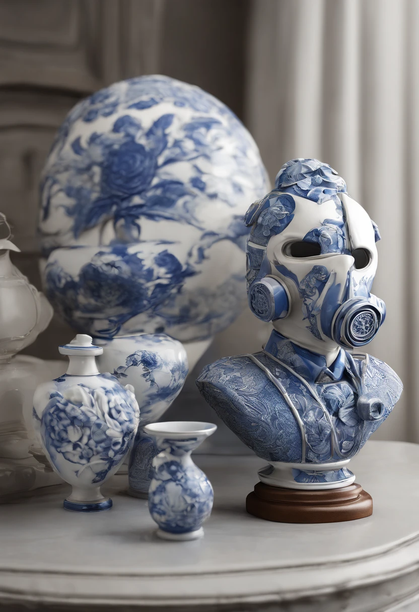 Blue and white porcelain,Ceramic material,World War II American GI,Ornaments,Gas masks，bust，Three-dimensional sculpture,artwork of a,High detail,3D,Chiaroscuro, Cinematic lighting, god light, Cinematic lighting, hyper HD, High details, Best quality, A high resolution, Textured skin
