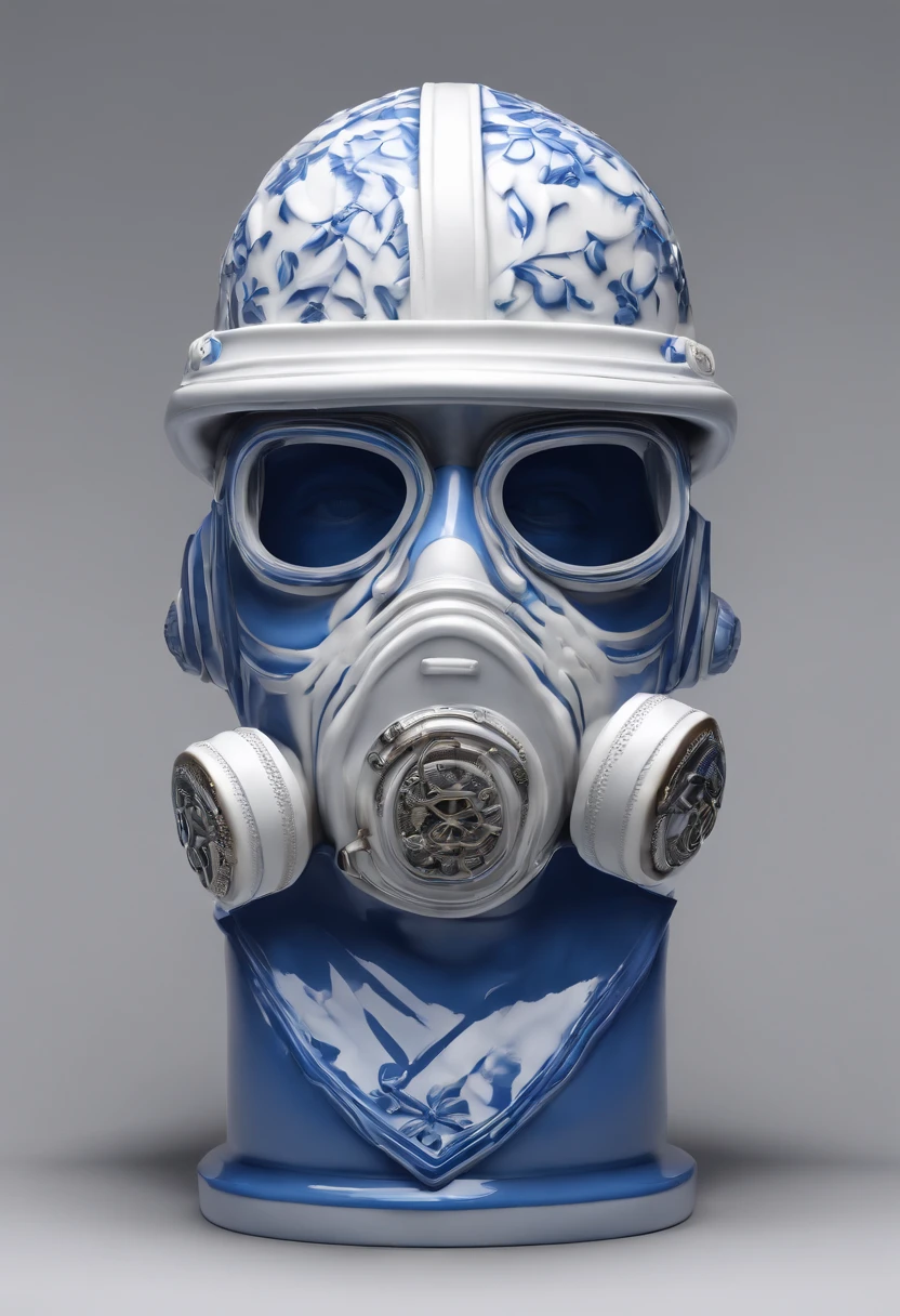 Blue and white porcelain,Ceramic material,World War II American GI,Ornaments,Gas masks,bust,Three-dimensional sculpture,artwork of a,High detail,3D,Chiaroscuro, Cinematic lighting, god light, Cinematic lighting, hyper HD, High details, Best quality, A high resolution, Textured skin