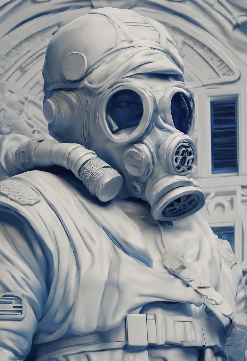 Blue and white porcelain,Ceramic material,World War II American GI,Ornaments,Gas masks,bust,Three-dimensional sculpture,artwork of a,High detail,3D,Chiaroscuro, Cinematic lighting, god light, Cinematic lighting, hyper HD, High details, Best quality, A high resolution, Textured skin