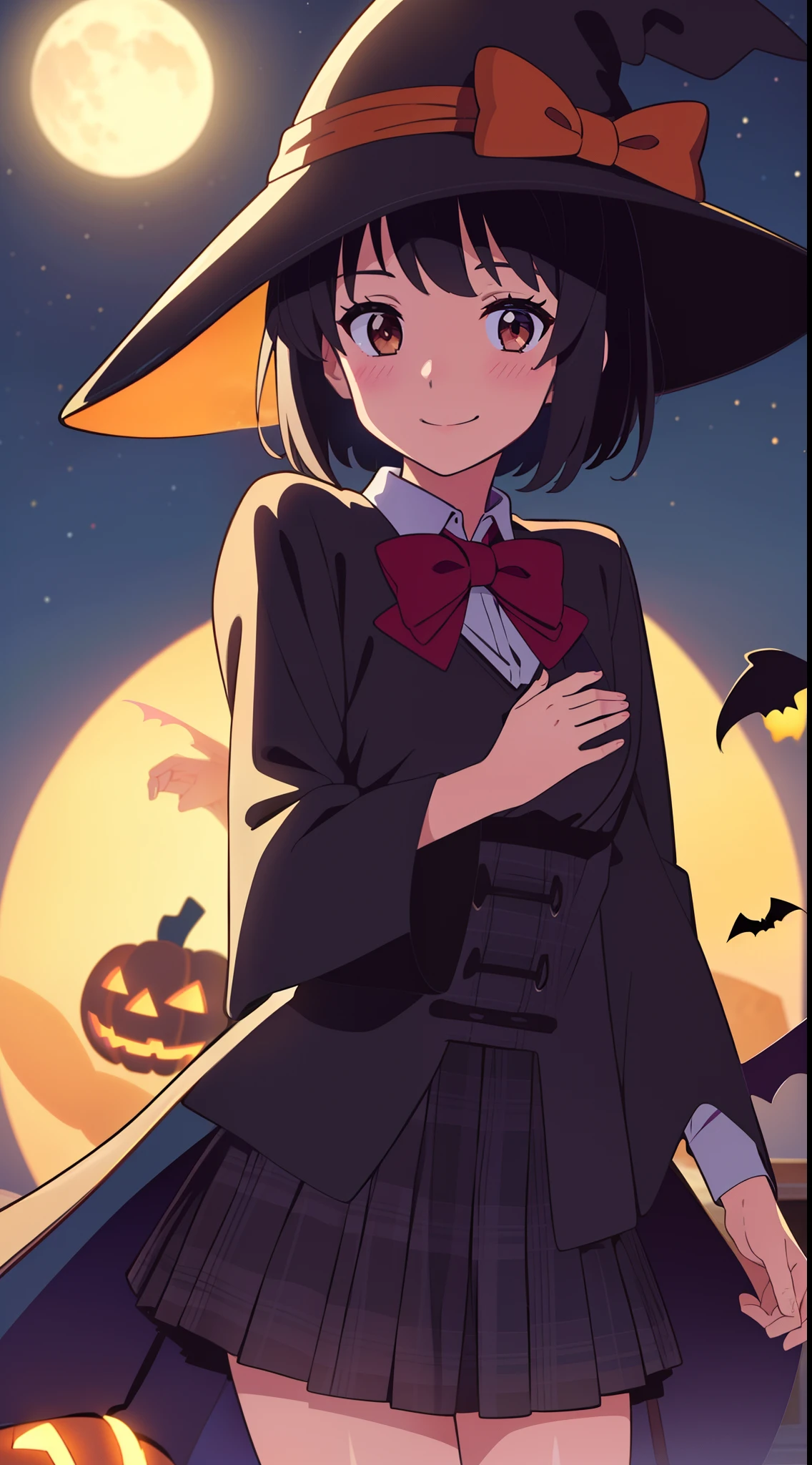 shinkai makoto, kimi no na wa., 1girl, bangs, black hair, blush, bow, brown eyes, looking at the viewer, short hair, smile, solo, happy, Halloween, Pumpkin costume (small tits), Upper body, moon lighting, Perfect hand, Tokyo at night, Halloween Decorations, Wizard Hat, cloaks, skirt, Plaid miniskirt