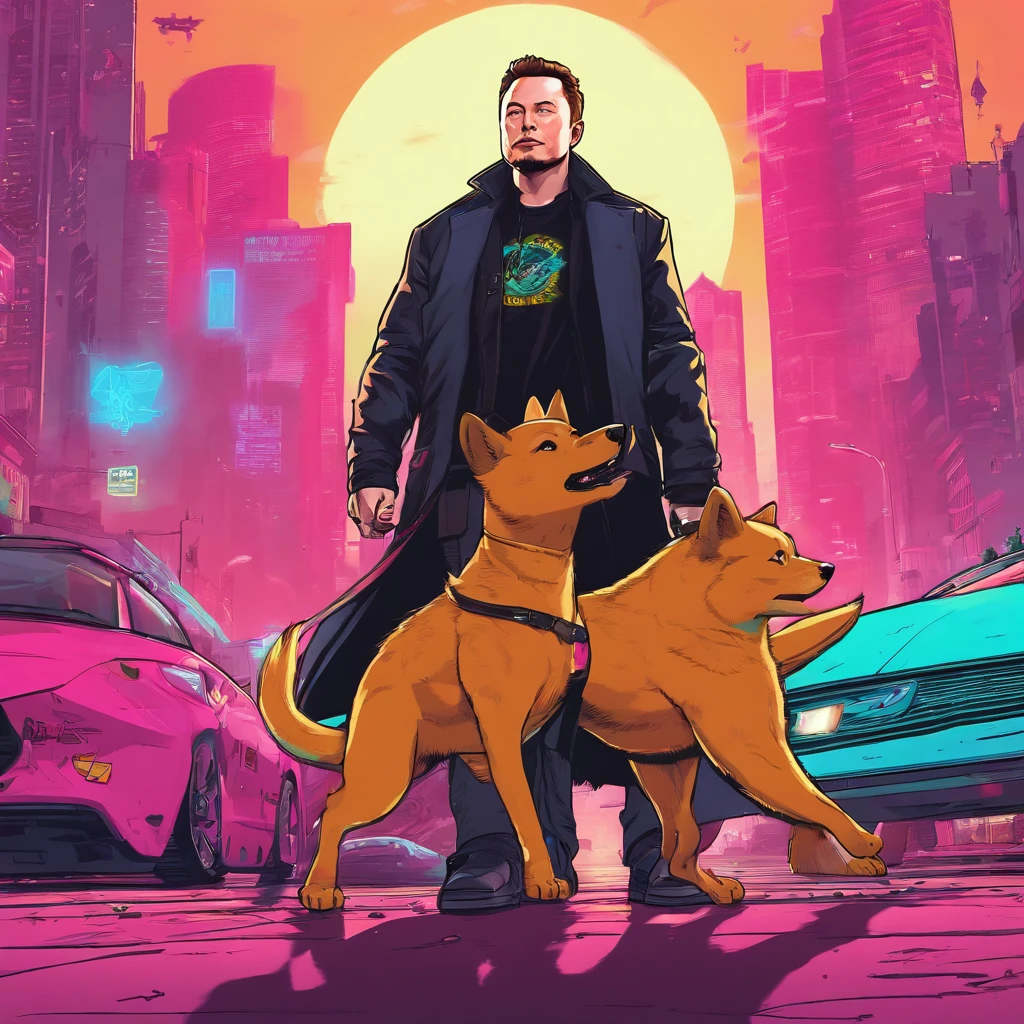 elon musk with shiba walk in cyberpunk 2077 city, long black coat