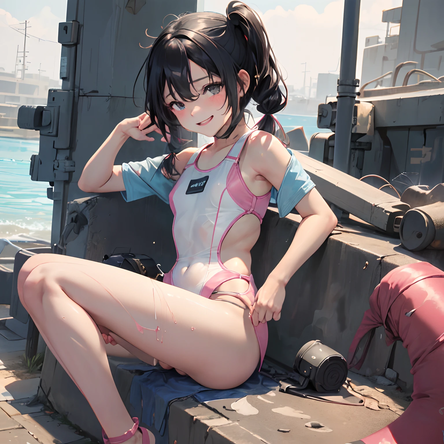 1 girl in、Wet and sheer swimwear、Shiny Pink School Swimsuit、Black hair pigtails、small tits、Crisp crotch muscles、provocative smiling、 girl、teats、Open crotch、Open legs、((Spreading the crotch with your hands))、in poolside