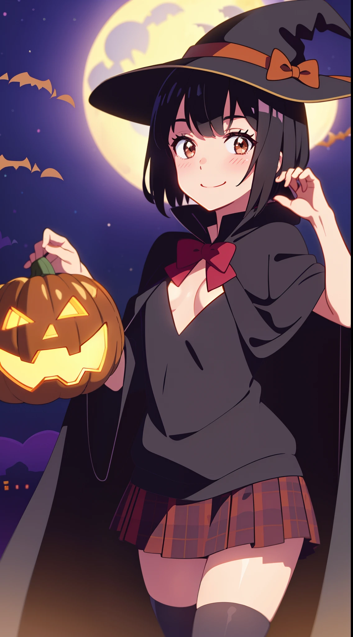 shinkai makoto, kimi no na wa., 1girl, bangs, black hair, blush, bow, brown eyes, looking at the viewer, short hair, smile, solo, happy, Halloween, Pumpkin costume (small tits), Upper body, moon lighting, Perfect hand, Tokyo at night, Halloween Decorations, Wizard Hat, cloaks, skirt, Plaid miniskirt