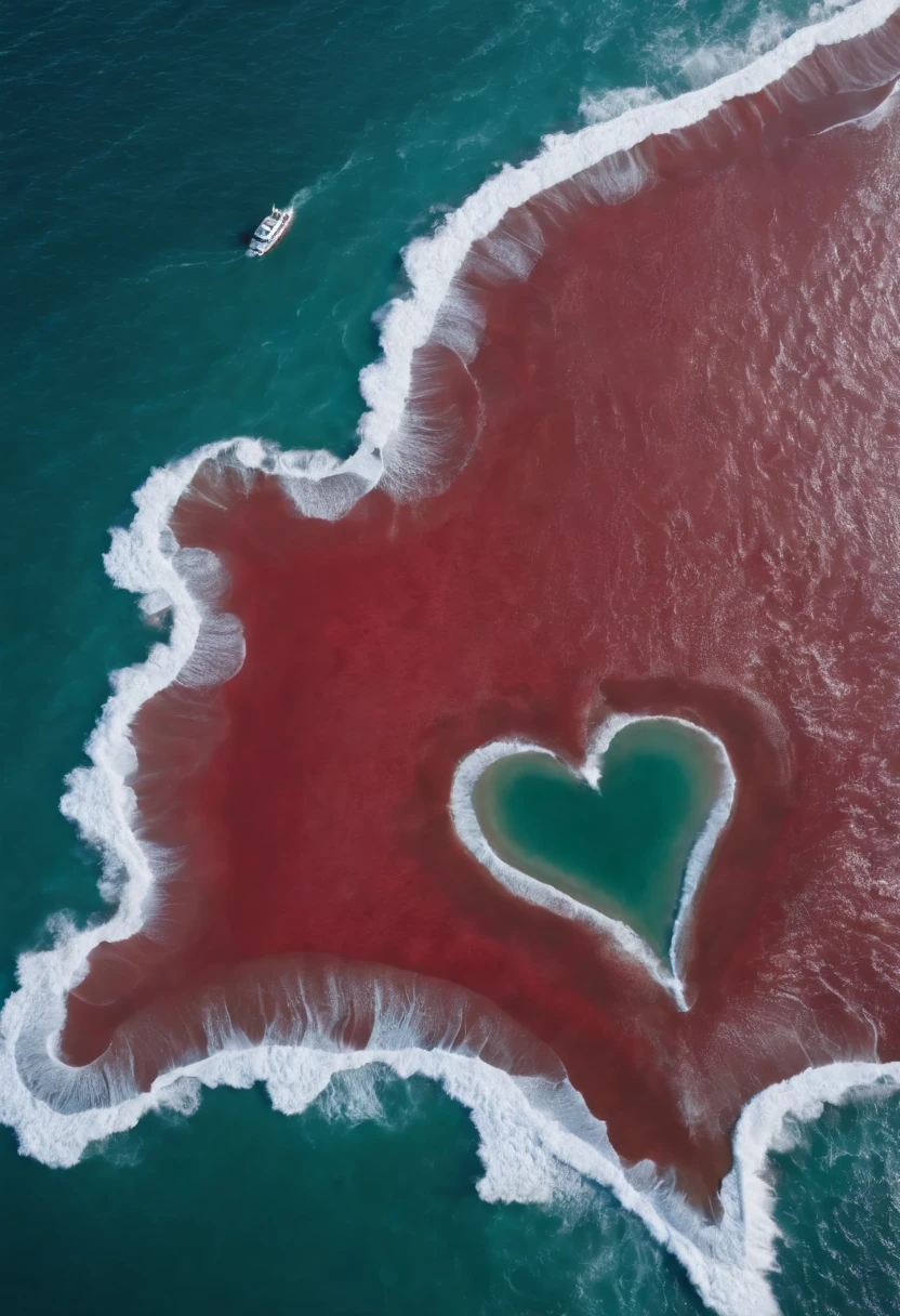 imagem em alta qualidade, A sea of red in the immensity in form a heart in the center, On the right a boat guided by a poet, mar de sangue, poeta sobre a maresia de um mar de sangue, mar grande, poeta escrevendo, homem escrevendo, home no barco escrevendo, mar, Heart, heart shape, mar vermelho, mar de sangue, agua vermelha, vermelho