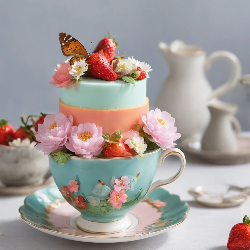 (close-up of cake in teacup), (flowers, strawberries, melons, butterflies),close-up photo,Illustration,Masterpiece,Surrealism,Agateware,Chintzware, --upbeta