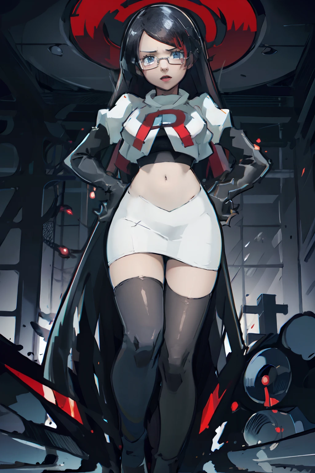 fennel_pk, glasses, team rocket,team rocket uniform, red letter R, white skirt,white crop top,black thigh-highs,black elbow gloves, sinister villianess look, looking down on viewer, hands on hips