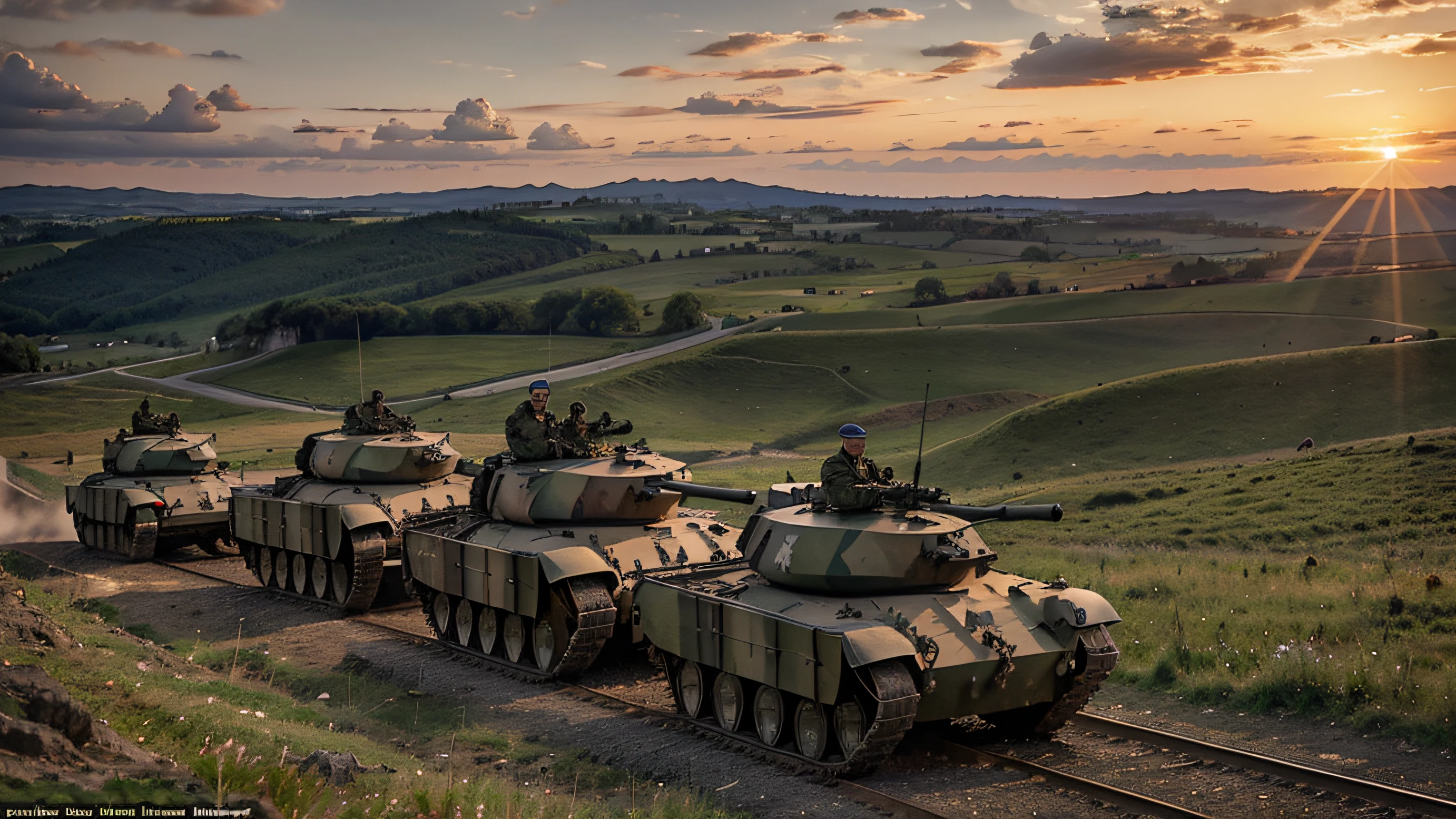 Kaiserreich Universe, Romanian Troops begin entering Slovakia. A regiment of 12 men are on top of a hill overlooking the Slovakian countryside, there are 2 tanks in the foreground and a Infantry Truck, Sunset, 1944 colour image