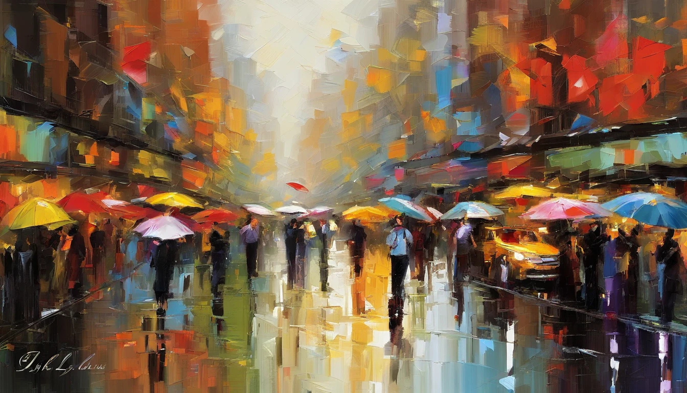 Daytime from Beijing Guomao, rainy season,rios ,In the distance is the skyline of the city buildings,Large colored umbrella, Traffic is moving,People are walking, Masterpiece oil painting, Drawing by Mark Lague.