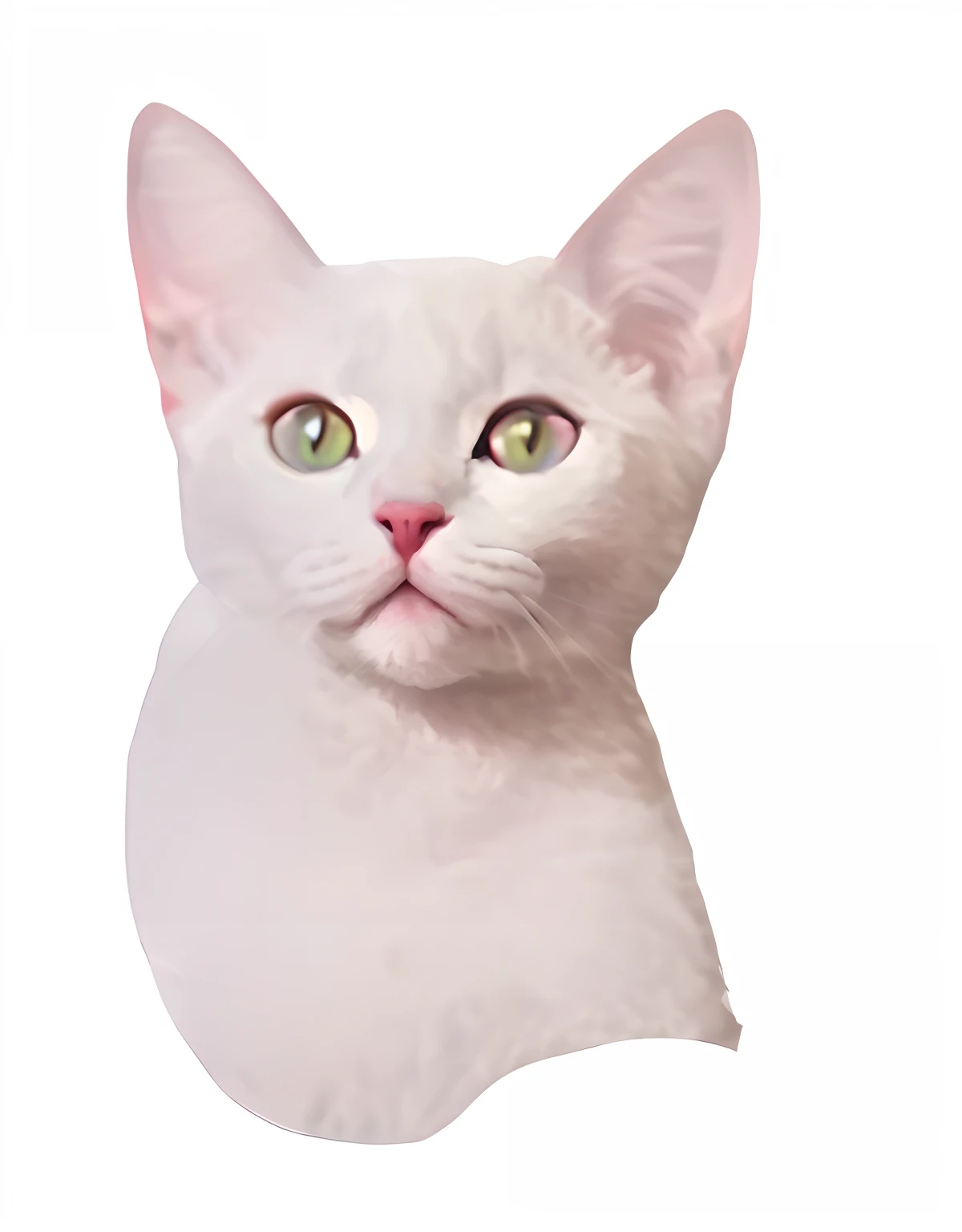 There is a white cat with green eyes and a white background, cat. Digital painting, portrait of a white cat, White cat, White ( cat ) Girl, anthropomorphic female cat, cat photo, illustration of a cat, portrait of ultra realistic, cat female with a whit and chest, lineless, cat portrait, realistic anime cat