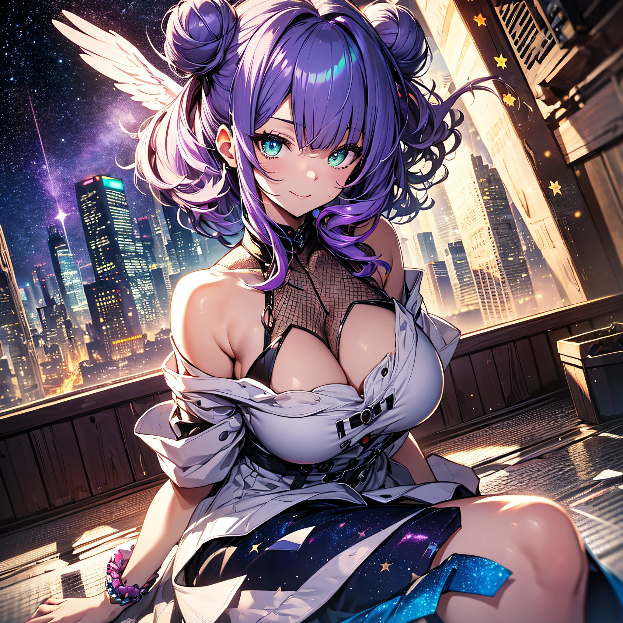 (masutepiece:1.3), (Best Quality:1.3), de pele branca、High resolution, Couboy Shot, Superb view of the back、(One Cute Girl:1.3), Solo, huge smile、A ring of iridescent angels hovers above my head、Angel Ring、Superb view of the cityscape、Eight-headed body、Colorful starry sky,Long white T-shirt、Wrinkled white shirt、Sat down、Keep your hands on the ground、Pose like a dog、Cleavage Pose、Emphasizes cleavage、Purple hair, (bobhair:1.2), Mixed mesh and light green、Bun hair, (Blunt bangs:1.2), Beautiful hair, Eyes are purple, Miraculous Eye、Light from the eyes、One eye is closed（1:4）、Beautiful detailed eyes, ultradetailed eyes、Golden Eyes、Glitter eyes,from the rear、Colorful starry sky,Stars,Iridescent aura around the eyes、Lie down and stick your hips out、Iridescent eyes、Narrowed eyes sucked in,Wearing a rainbow-colored aura from the whole body、 Shadow lighting