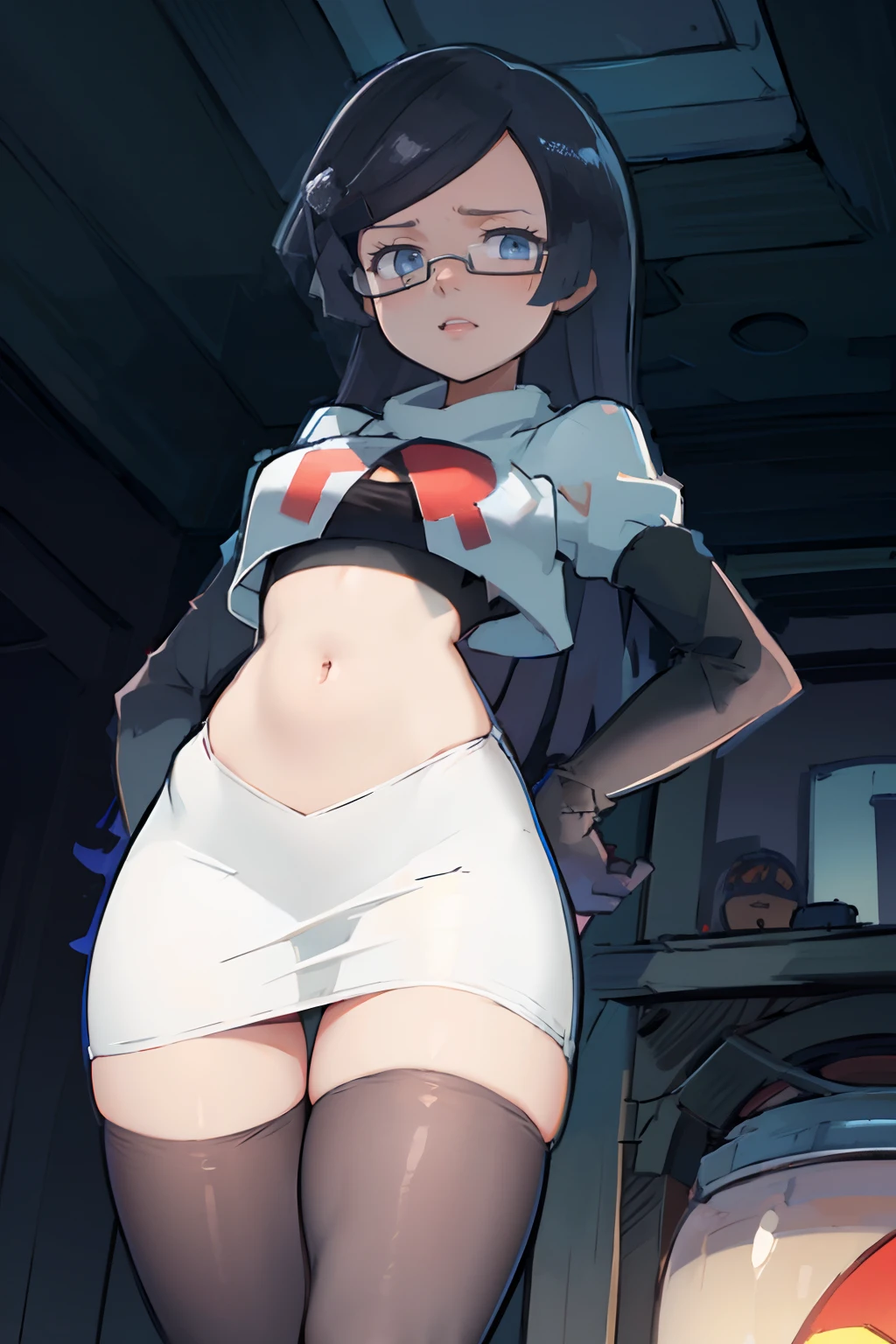 fennel_pk, glasses, team rocket,team rocket uniform, red letter R, white skirt,white crop top,black thigh-highs,black elbow gloves, sinister villianess look, looking down on viewer, hands on hips