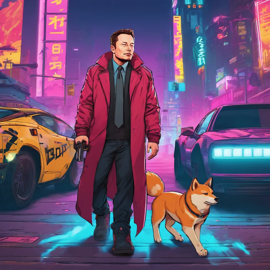 elon musk with shiba walk in cyberpunk 2077 city, long black coat