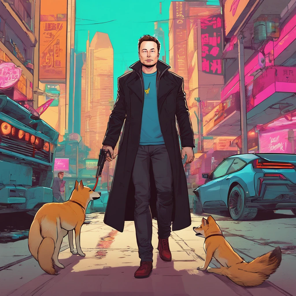 elon musk with shiba walk in cyberpunk 2077 city, long black coat, an profile perspective
