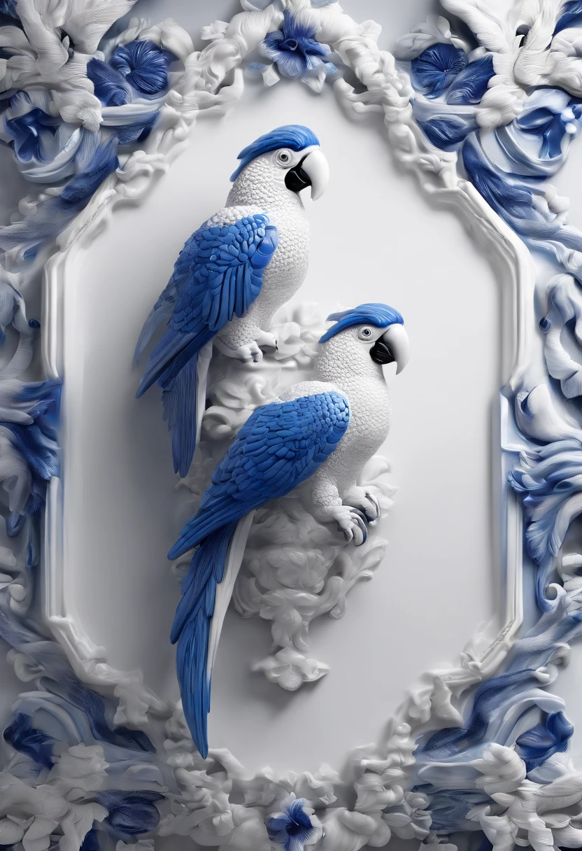 Blue and white porcelain,Ceramic material，Ornaments,parrots,artwork of a,High detail,3D,Chiaroscuro, Cinematic lighting, god light, Cinematic lighting, hyper HD, High details, Best quality, A high resolution, Textured skin