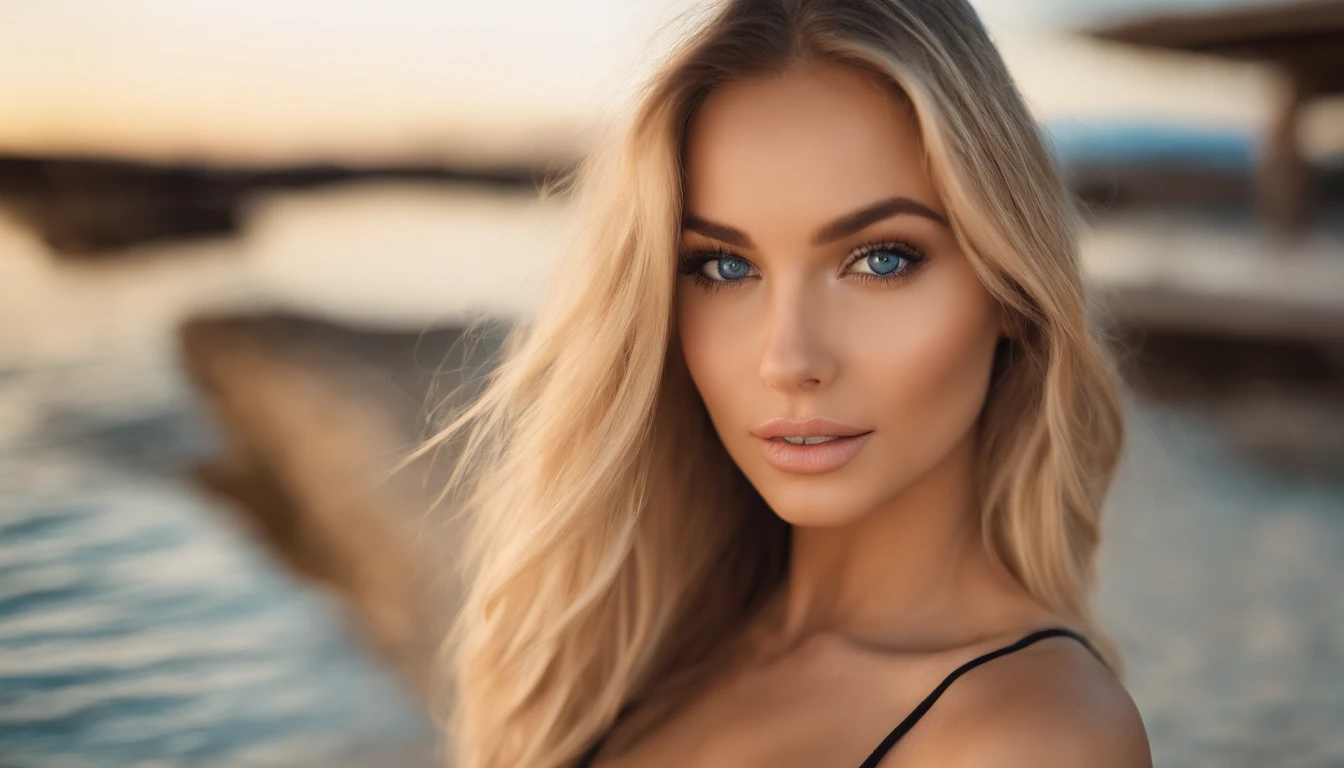Woman in mini bikini and tanga trousers, Sexy girl with blue eyes, Portrait of Sophie Mudd, Portrait of Korina Cope, Blonde hair and big eyes, Selfie of a young woman, One's makeup, Natural makeup, Look directly into the camera, Faces with artgrams, Dezentes Makeup, Great full-body photos, at the beach, C-cup breasts, a blond, Latina, beach