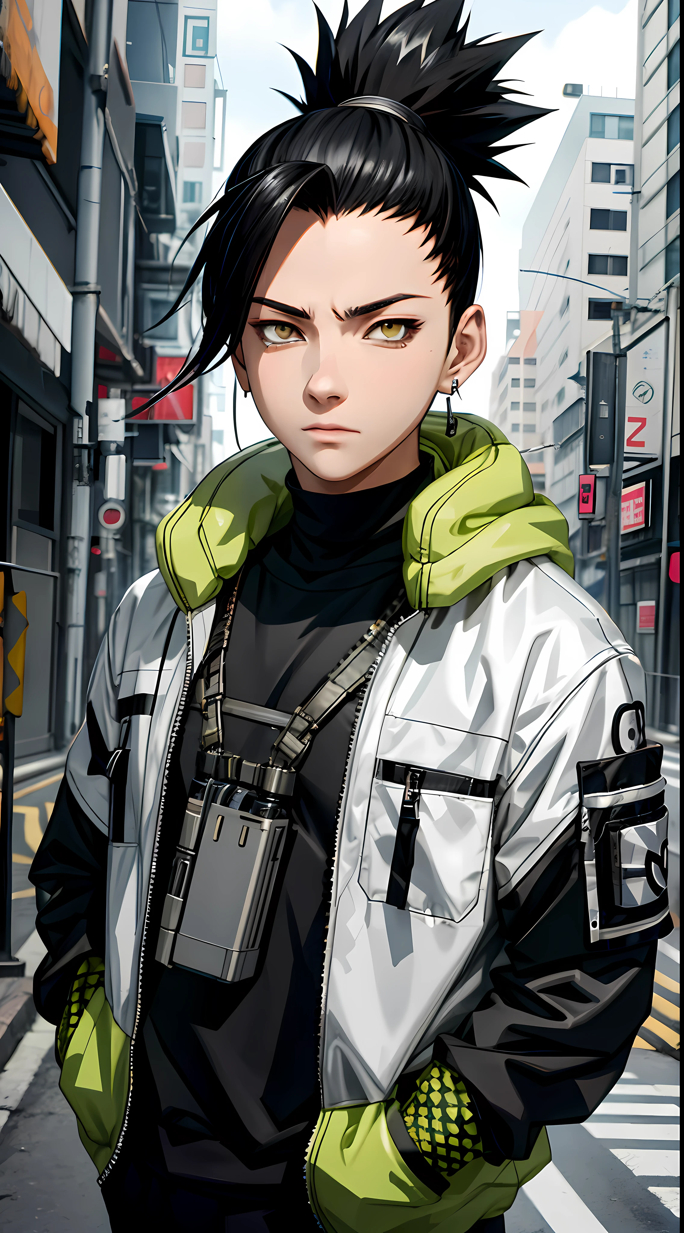 Masterpiece, 1boy, Superb Style, cyberpunk style, Streetwear clothes, Outdoor, Upper Body, Shikamaru nara, bright eyes, black hair, cool boy