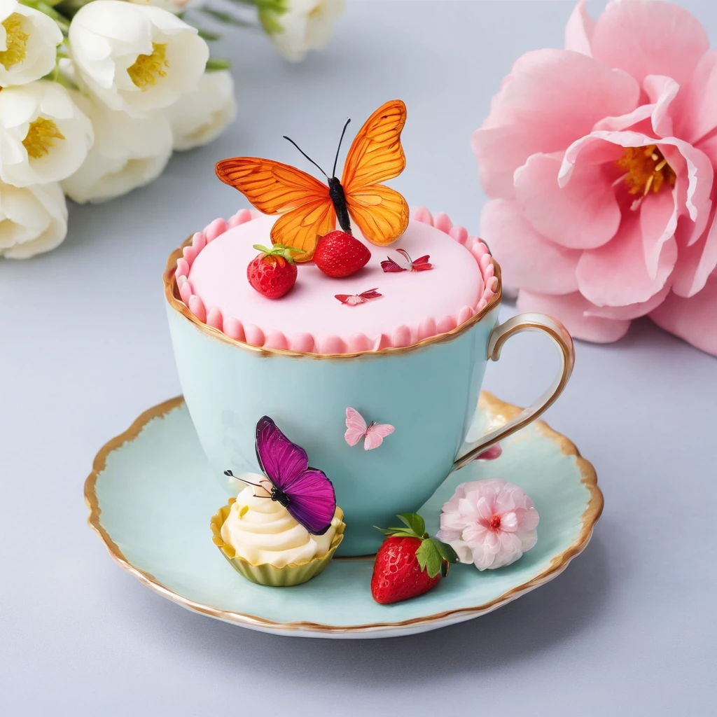 (Cake placed in a teacup close-up), (Flowers, morango, melons, Butterflies),close up photograph,illustration,Masterpiece,surrealism,Onyx ware,Cotton utensils, --upbeta