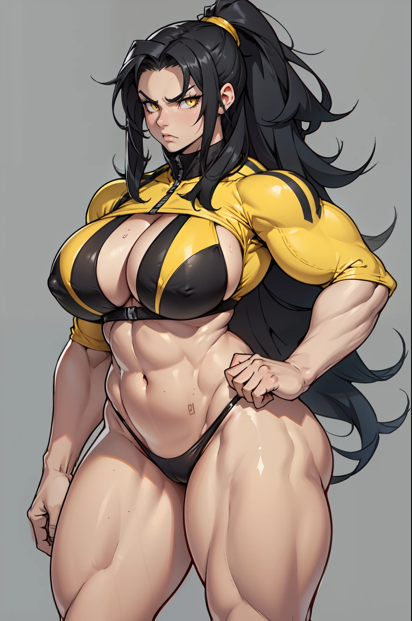 grey background micro bikini 1girl black hair yellow eyes very long hair pale skin angry (bodybuilder huge muscular toned body curvy wide hips thick thighs)