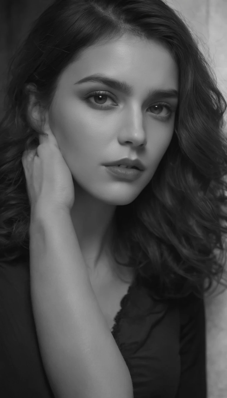 1fille,light and shadow,messy hair,light curly hair,cheveux noirs,((Ton vert terrien)), Chemise de nuit en soie,petits seins,tenir son propre bras,Haut du corps,demi-visage dans le noir,Black and white theme,photos de photographie professionnelle,fort contraste chioscuro,Couverture de magazine de mode,Melancholic tone,inexpressif,contempt,Chambre sombre,contre le mur,Shaded_visage,disgust,pose dynamique,Angle dynamique,