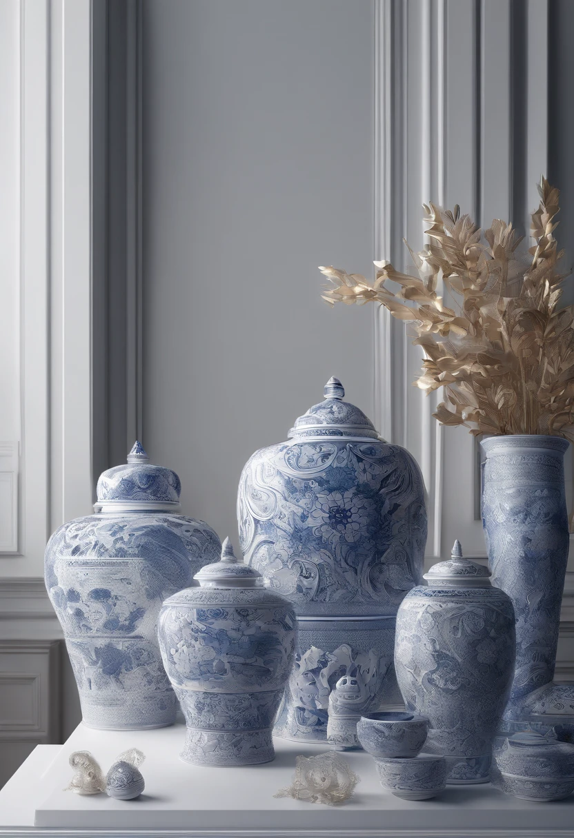 Blue and white porcelain,Ceramic material,Ornaments，Samsung heap，Three-dimensional sculpture,artwork of a,High detail,3D,Chiaroscuro, Cinematic lighting, god light, Cinematic lighting, hyper HD, High details, Best quality, A high resolution, Textured skin