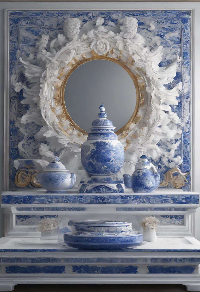 Blue and white porcelain,Ceramic material,Ornaments，Samsung heap，Three-dimensional sculpture,artwork of a,High detail,3D,Chiaroscuro, Cinematic lighting, god light, Cinematic lighting, hyper HD, High details, Best quality, A high resolution, Textured skin