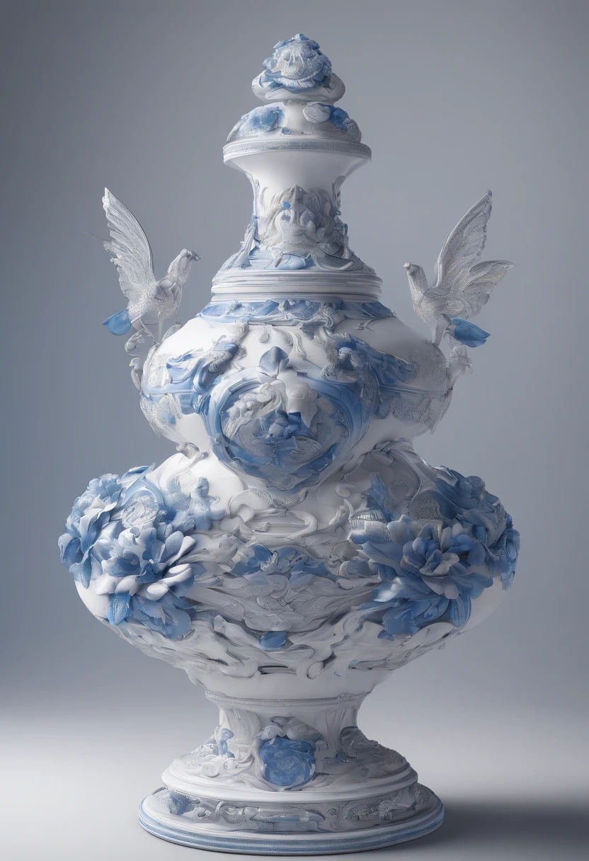 Blue and white porcelain,Ceramic material,Ornaments,Samsung heap,Three-dimensional sculpture,artwork of a,High detail,3D,Chiaroscuro, Cinematic lighting, god light, Cinematic lighting, hyper HD, High details, Best quality, A high resolution, Textured skin