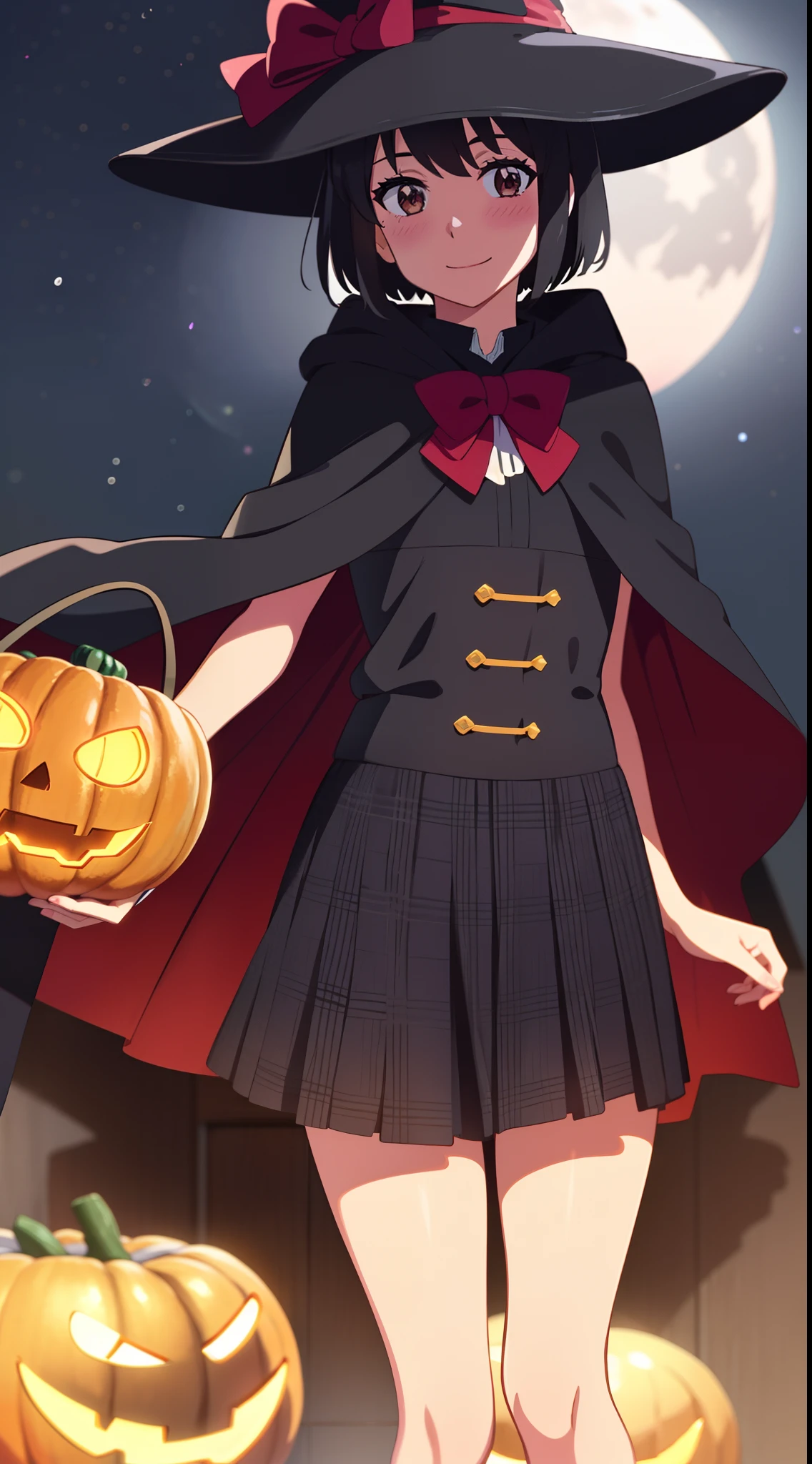 shinkai makoto, kimi no na wa., 1girl, bangs, black hair, blush, bow, brown eyes, looking at the viewer, short hair, smile, solo, happy, Halloween, black dress Halloween, Upper body, moon lighting, Perfect hand, Tokyo at night, Halloween Decorations, Wizard Hat, cloaks, skirt, Plaid miniskirt