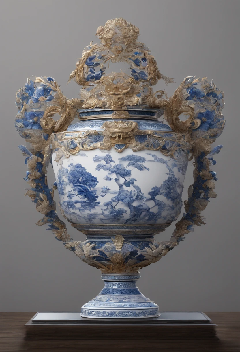 Blue and white porcelain,Ceramic material,Ornaments,Bronze ding,Three-dimensional sculpture,artwork of a,High detail,3D,Chiaroscuro, Cinematic lighting, god light, Cinematic lighting, hyper HD, High details, Best quality, A high resolution, Textured skin