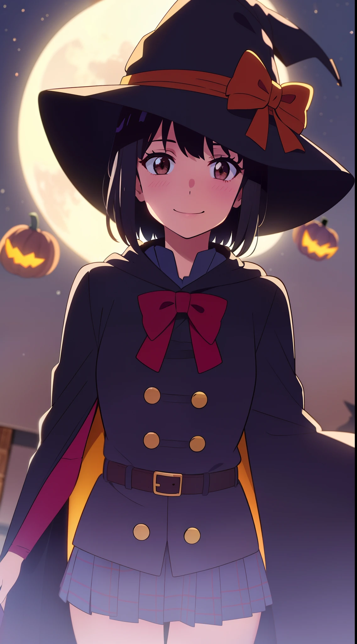 shinkai makoto, kimi no na wa., 1girl, bangs, black hair, blush, bow, brown eyes, looking at the viewer, short hair, smile, solo, happy, Halloween, Pumpkin costume (small tits), Upper body, moon lighting, Perfect hand, Tokyo at night, Halloween Decorations, Wizard Hat, cloaks, skirt, Plaid miniskirt