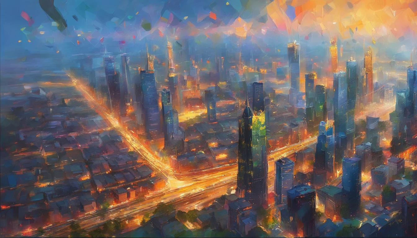 Daytime from Beijing Guomao, Buildings,rainy season,rios ,In the distance is the skyline of the city buildings, Traffic is moving,People are walking,Bird's eye view,Masterpiece oil painting, Drawing by Mark Lague.