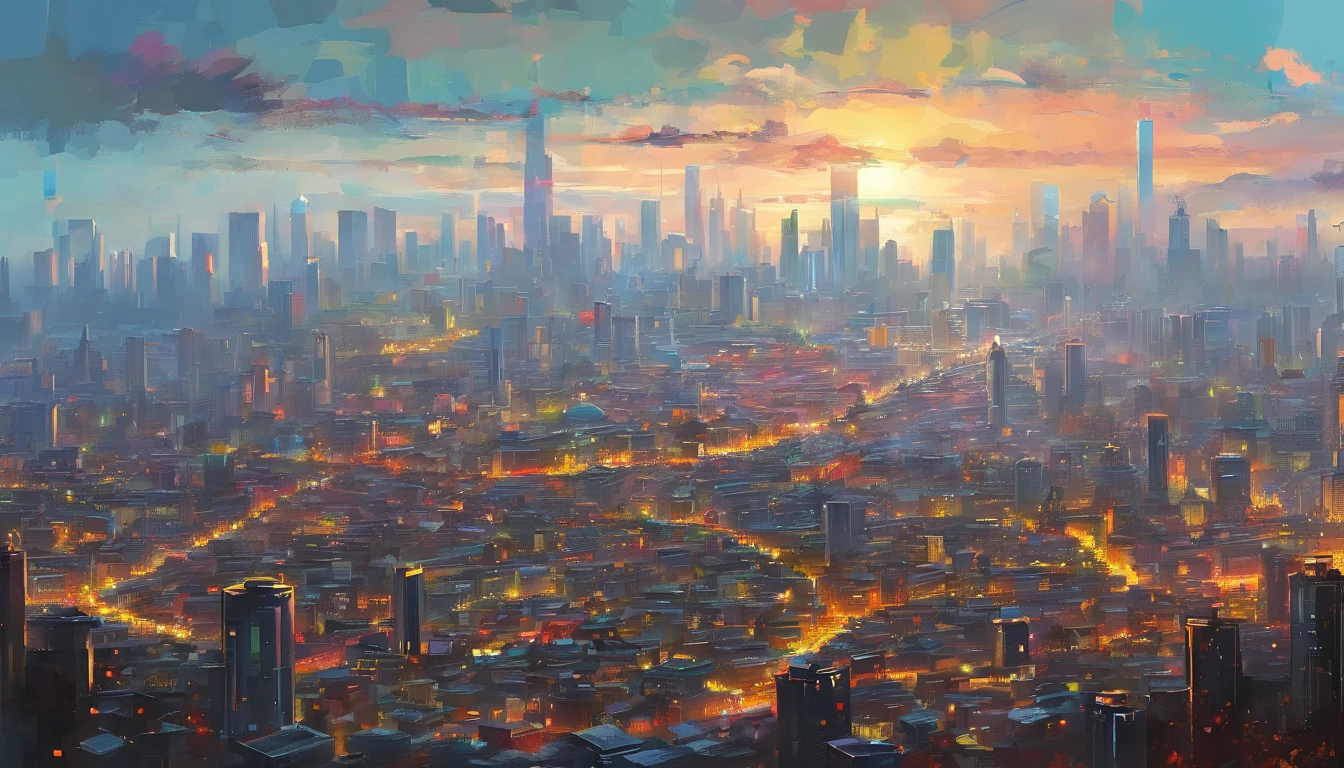 Daytime from Beijing Guomao, Buildings,rainy season,rios ,In the distance is the skyline of the city buildings, Traffic is moving,People are walking,Bird's eye view,Masterpiece oil painting, Drawing by Mark Lague.