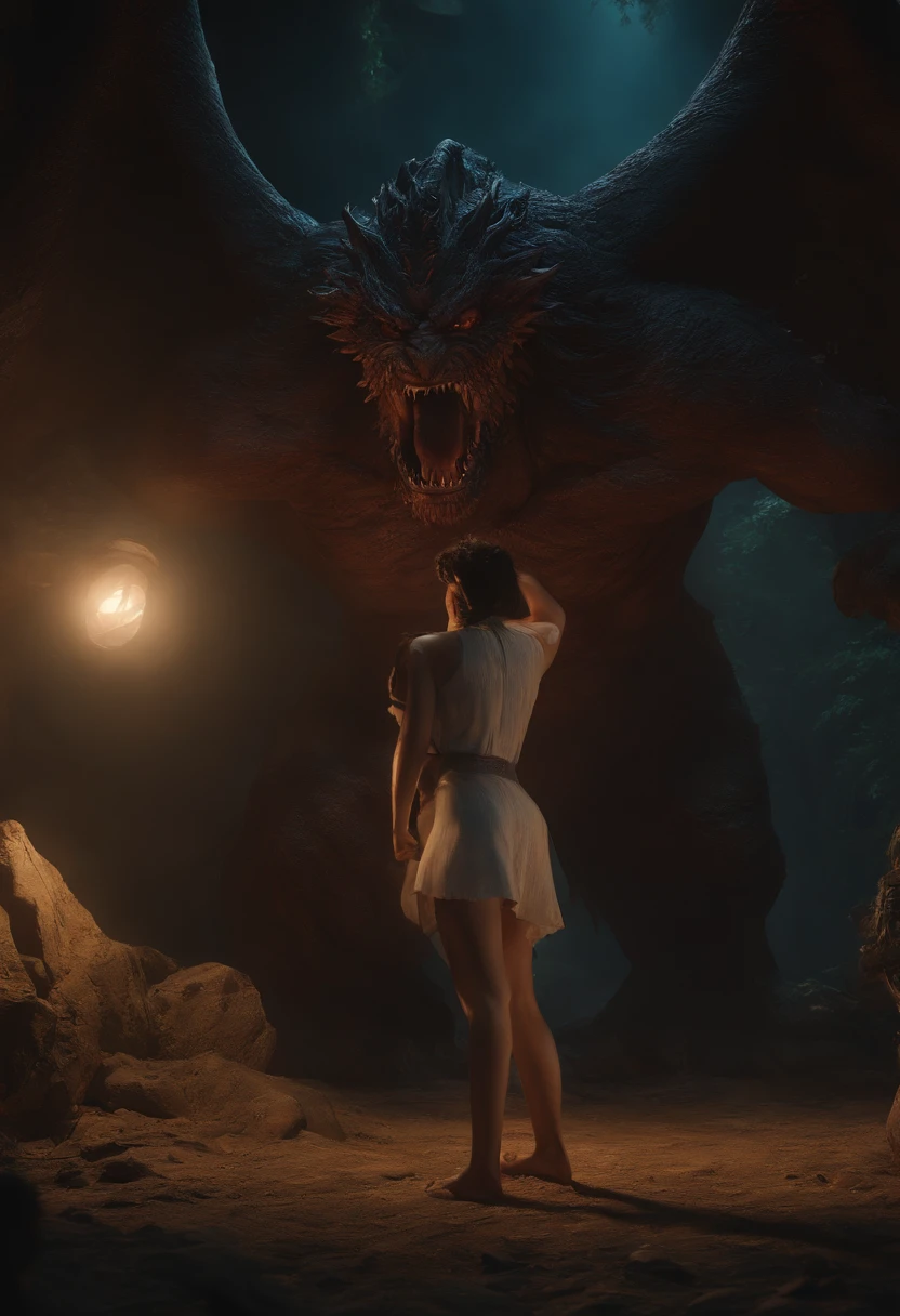 woman getting raped by monster, lighting, battered, low angle, trending on ar, tstation, 4k, hyper realistic, focused, extreme details, unreal engine 5, cinematic, masterpiece, art by studio ghibli, intricate artwork by john william turner